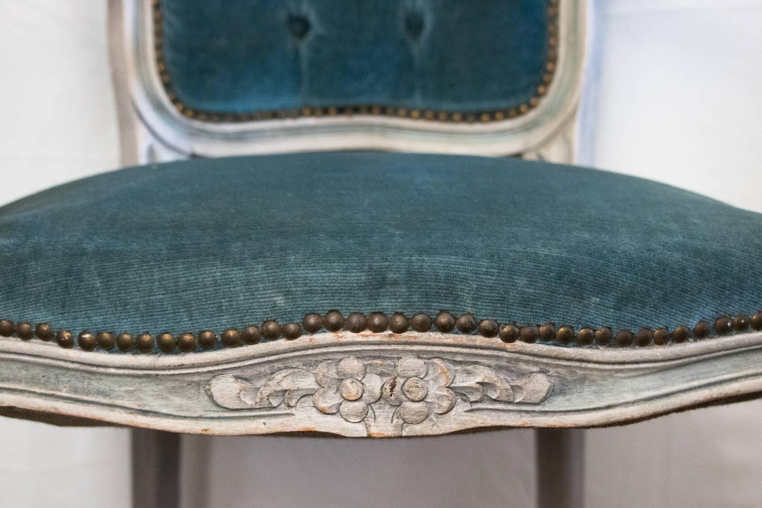 20th Century Fabulous Pair of 1929 Louis XV Stunning Sea Bleu Tufted Velvet French Arm Chairs