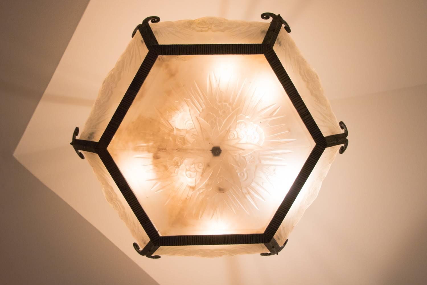 20th Century French Art Deco Hexagon Chandelier, Beautiful Etched Glass with Floral Design