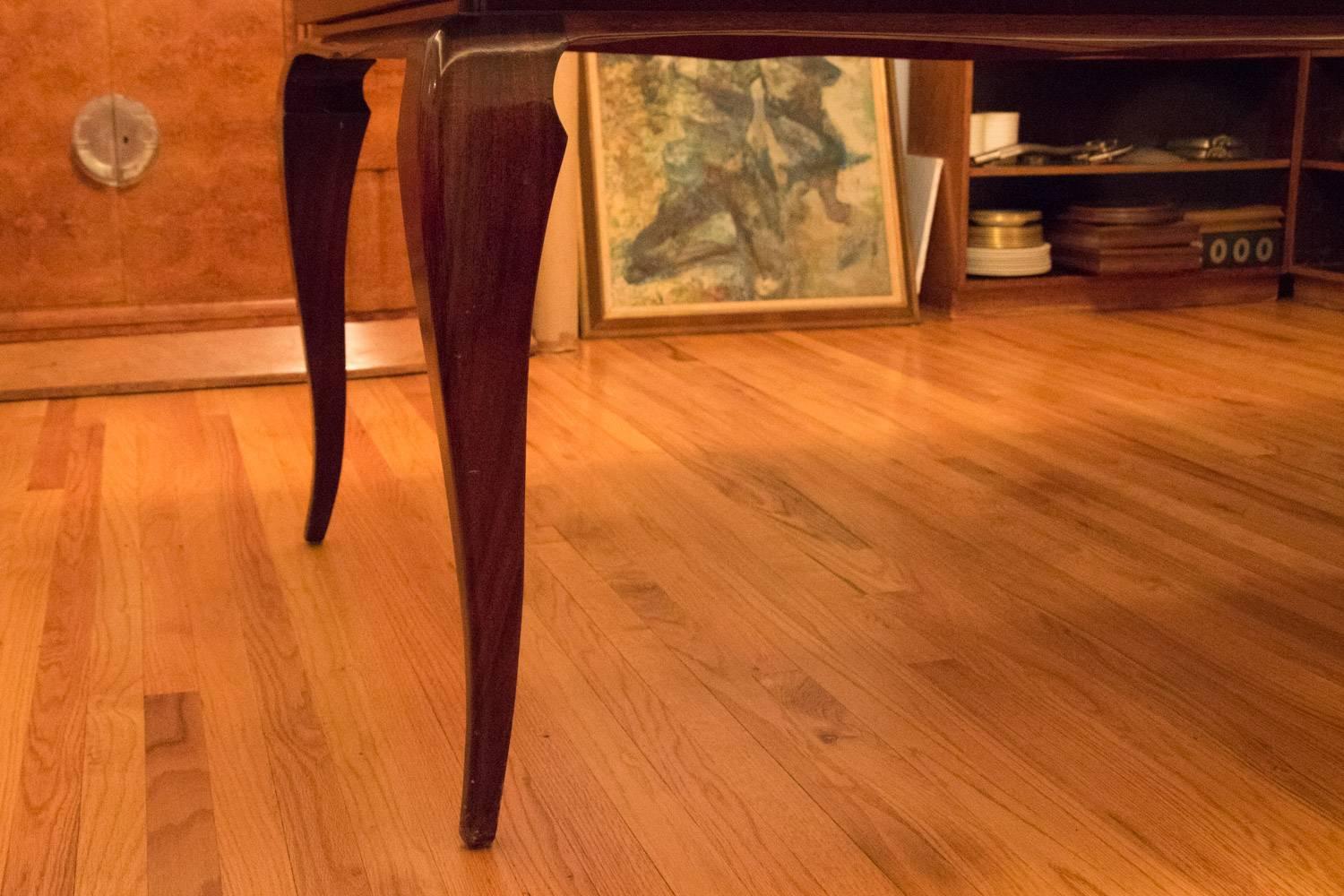 French Jean Pascaud Style Art Deco Rosewood Dining Table Flared Legs Extension Seats 12 For Sale