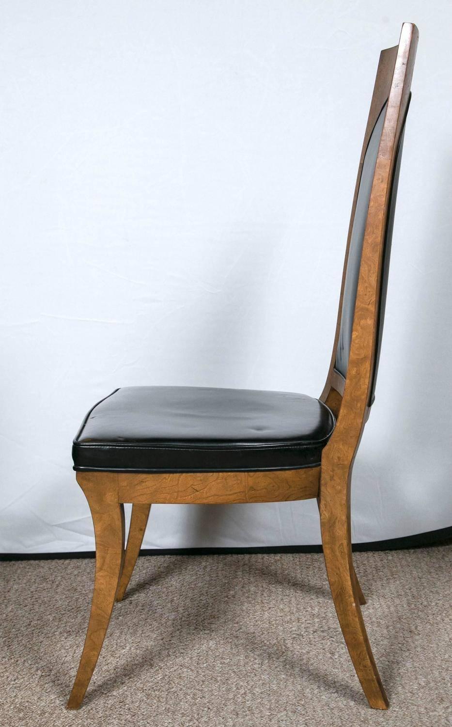 Mid-Century Modern Eight Mastercraft Burl Wood and Black Vinyl Mid-Century Dining Chair