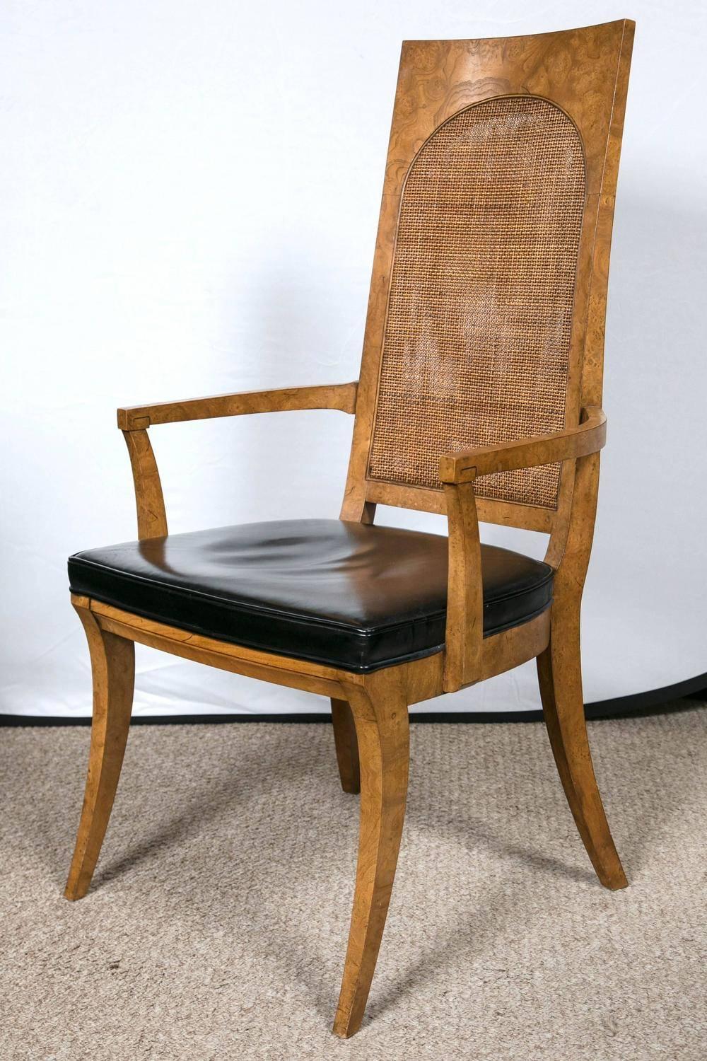 Eight Mastercraft Burl Wood and Black Vinyl Mid-Century Dining Chair In Good Condition In Westport, CT