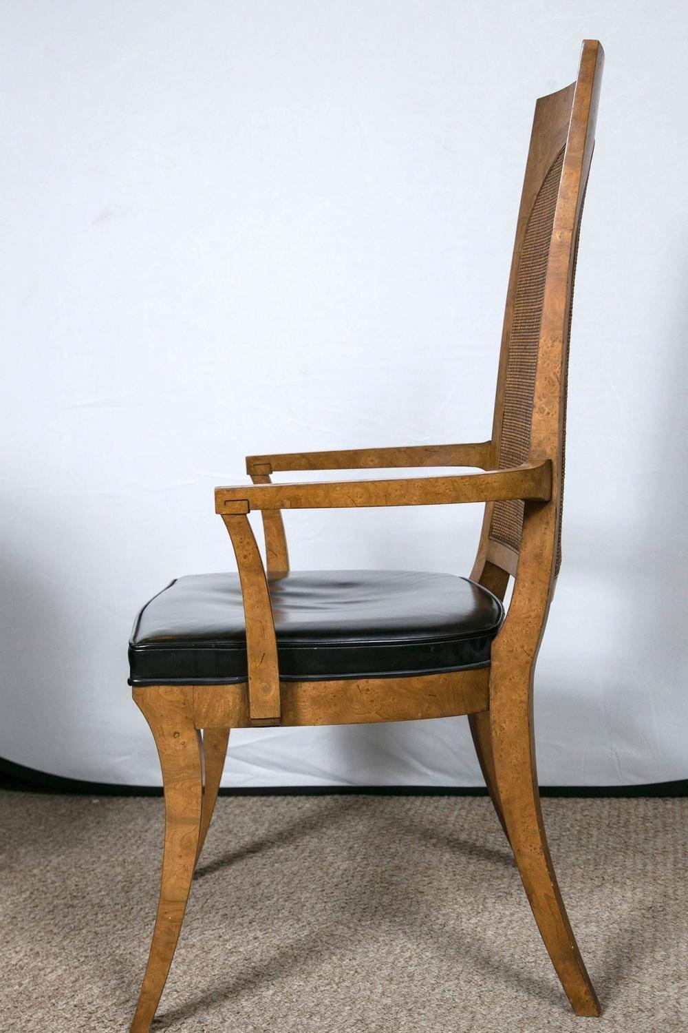 Eight Mastercraft Burl Wood and Black Vinyl Mid-Century Dining Chair 1