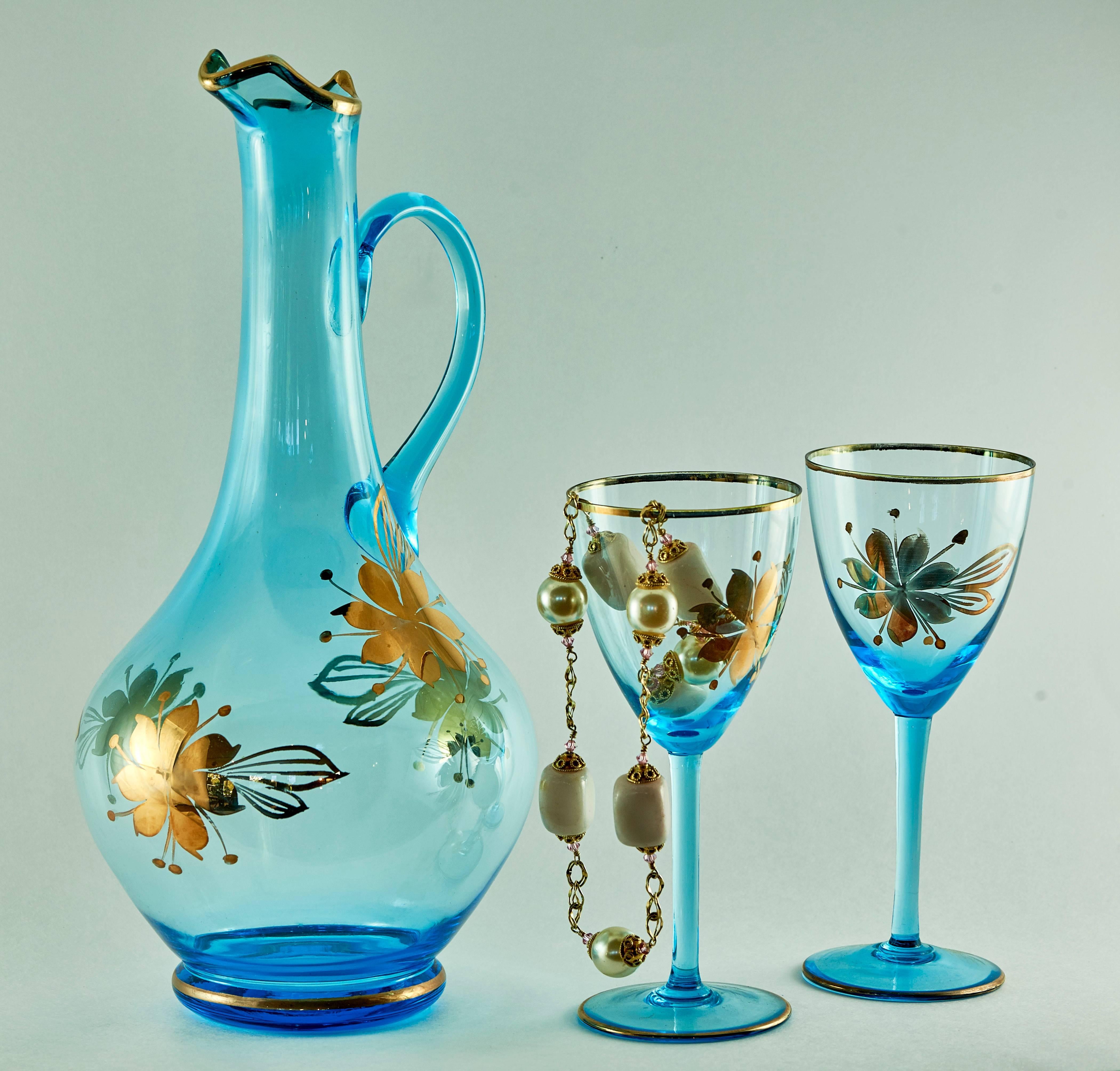 Early 20th Century Stunning for the Holidays Greek Blue Import Mediterranean Decanter Glassware  For Sale