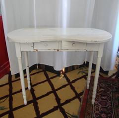 Petite Hollywood Regency/Shabby Chic  Distressed White Vanity & Upholstered Benc