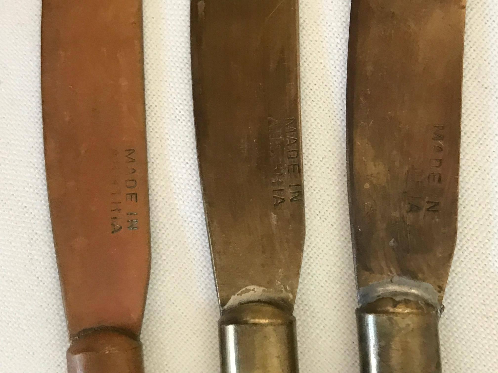 Set of 12 Made in Austria Cheese or Fruit Knives Brass Knives Porcelain Handles In Good Condition In Westport, CT