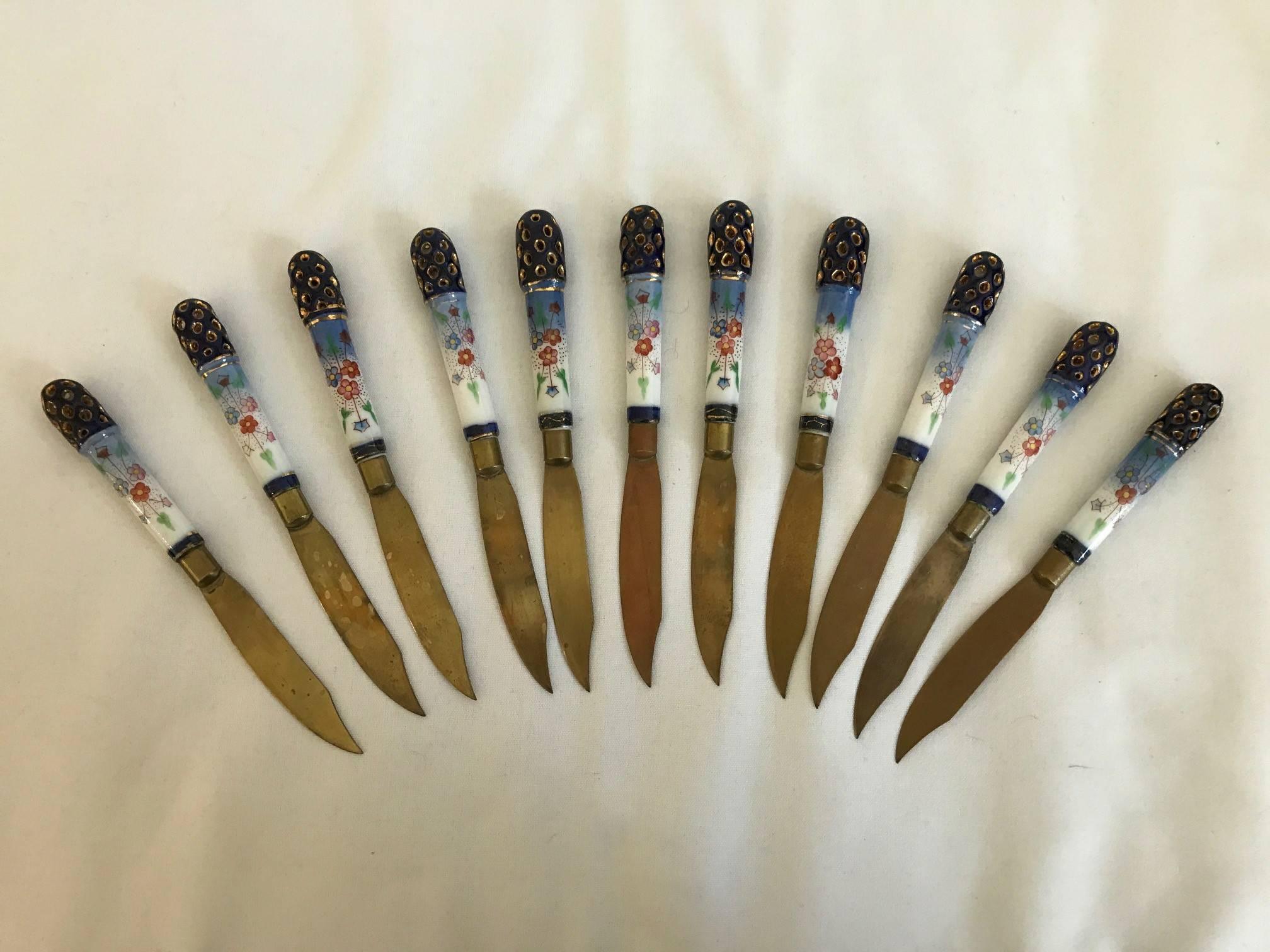Early 20th Century Set of 12 Made in Austria Cheese or Fruit Knives Brass Knives Porcelain Handles