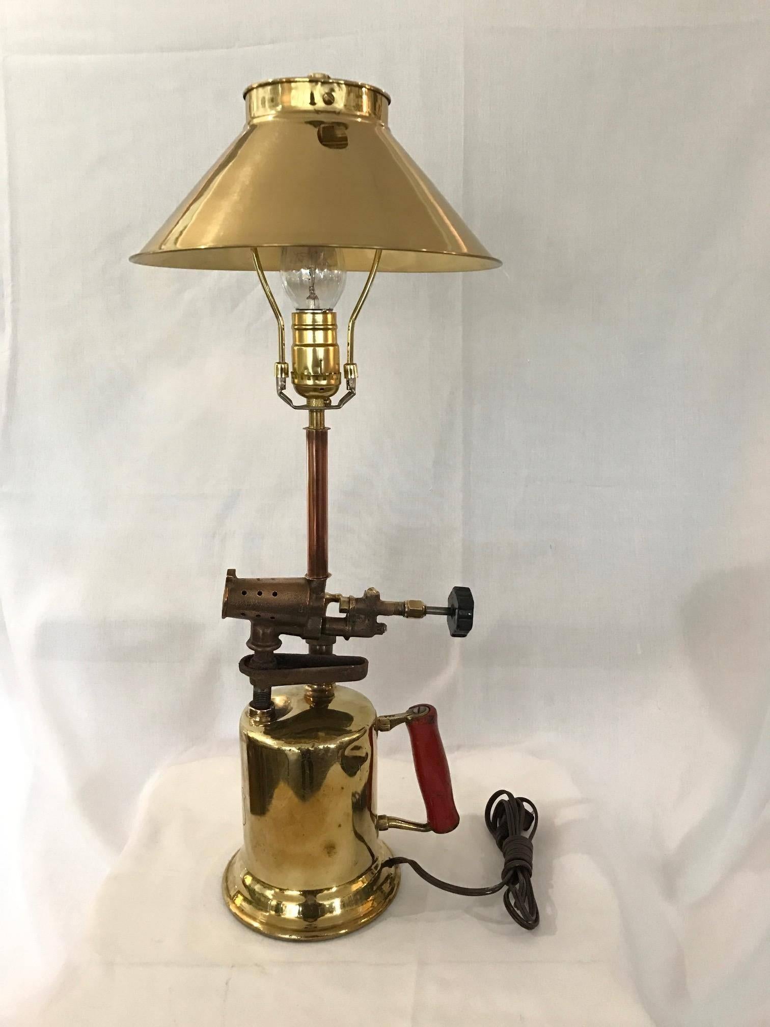 Sale! Sale!  Man Cave Blow Torch Lamp Conversion Polished Brass Parts and Shade In Excellent Condition In Westport, CT