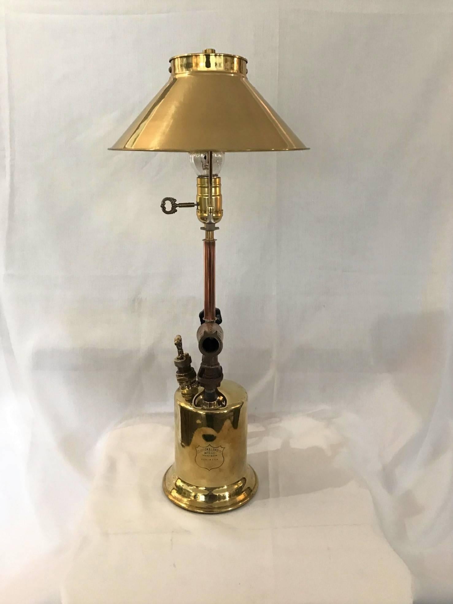 20th Century Sale! Sale!  Man Cave Blow Torch Lamp Conversion Polished Brass Parts and Shade