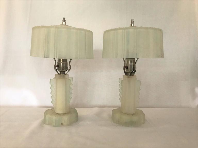 SALE! SALE! SALE! A Pair of Art Deco Lalique Style Glass Lamps Nickle