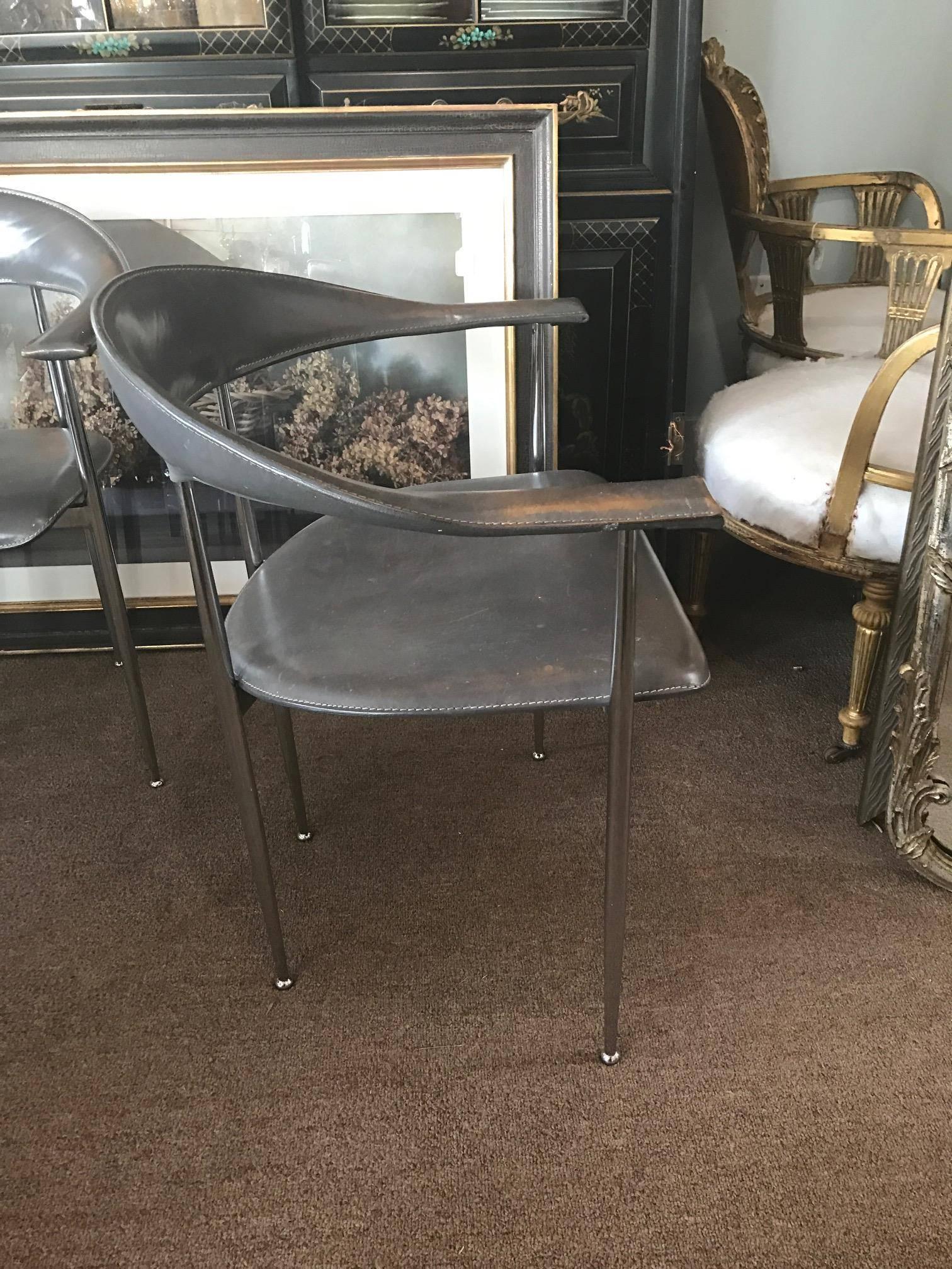 Set of Five Italian Modern Possibly Giancarlo Vegni Leather and Chrome Chairs 2