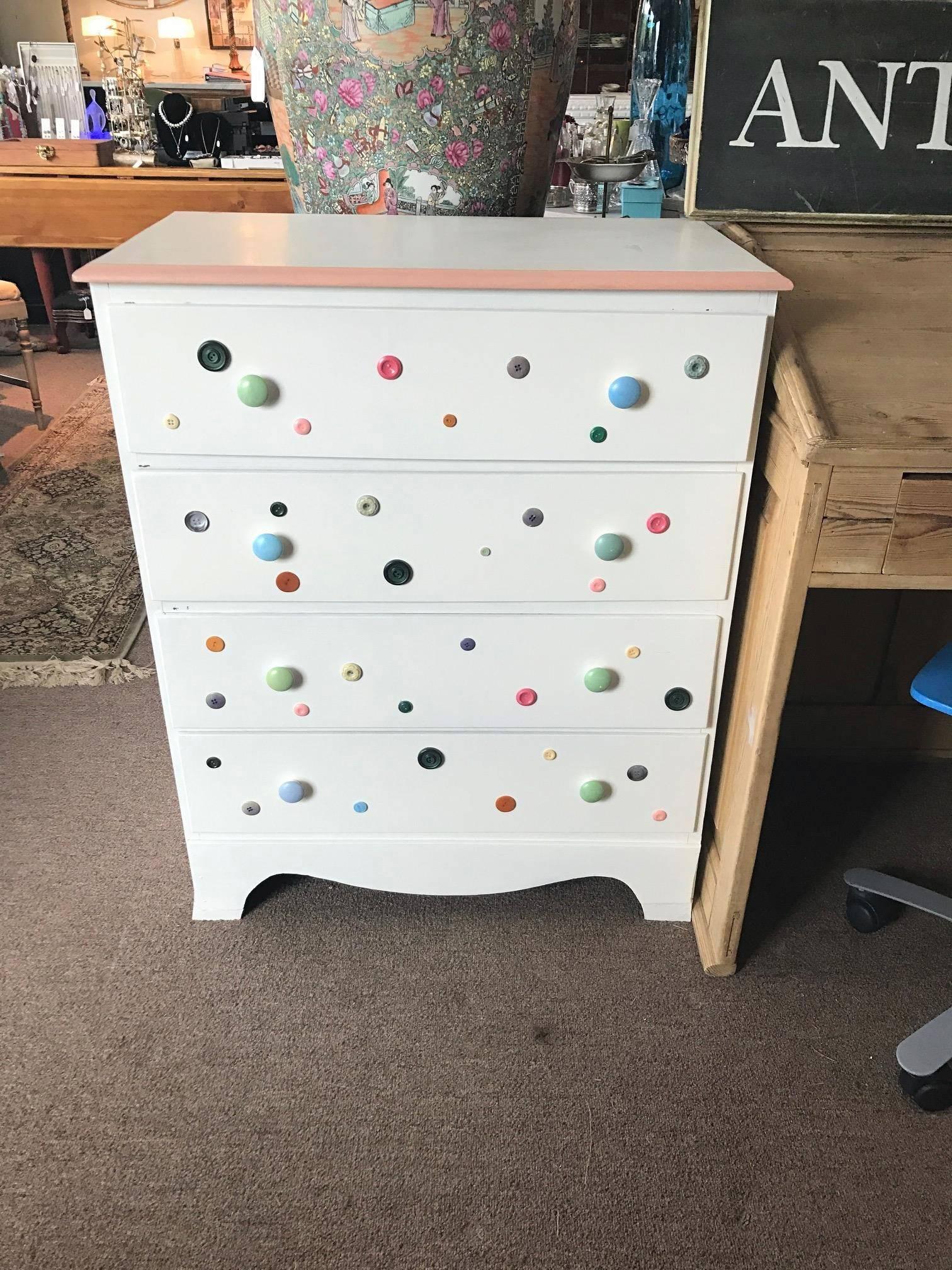 Cute As a Button - Button Dresser with Pink Perimeter and White Top Dovetailed 1