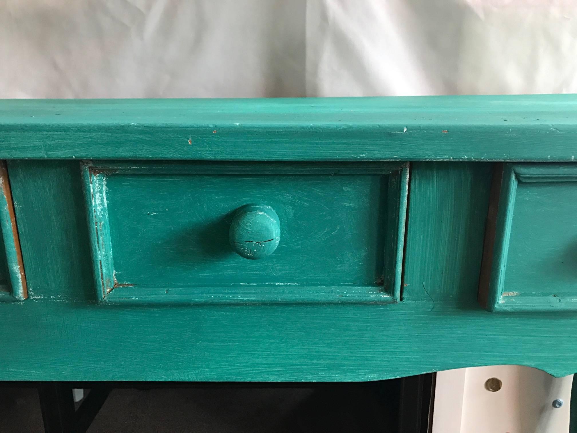 Shabby Chic Beach Cottage Farmhouse Teal Console, Pine Painted, Five Drawers In Good Condition In Westport, CT