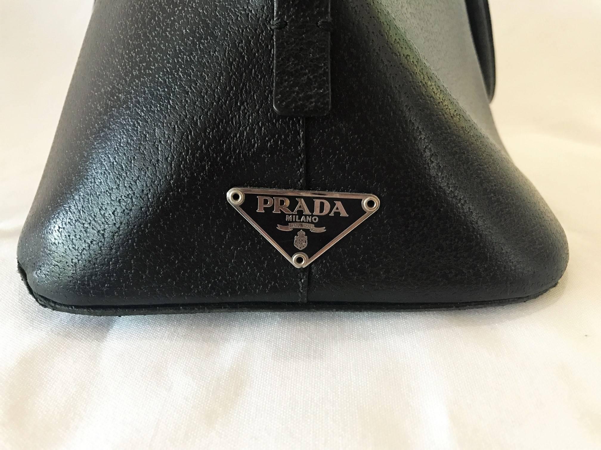 Minimalist Black Beauty Prada Handbag with Key and Lock, Authentic Prada Leather Bag For Sale