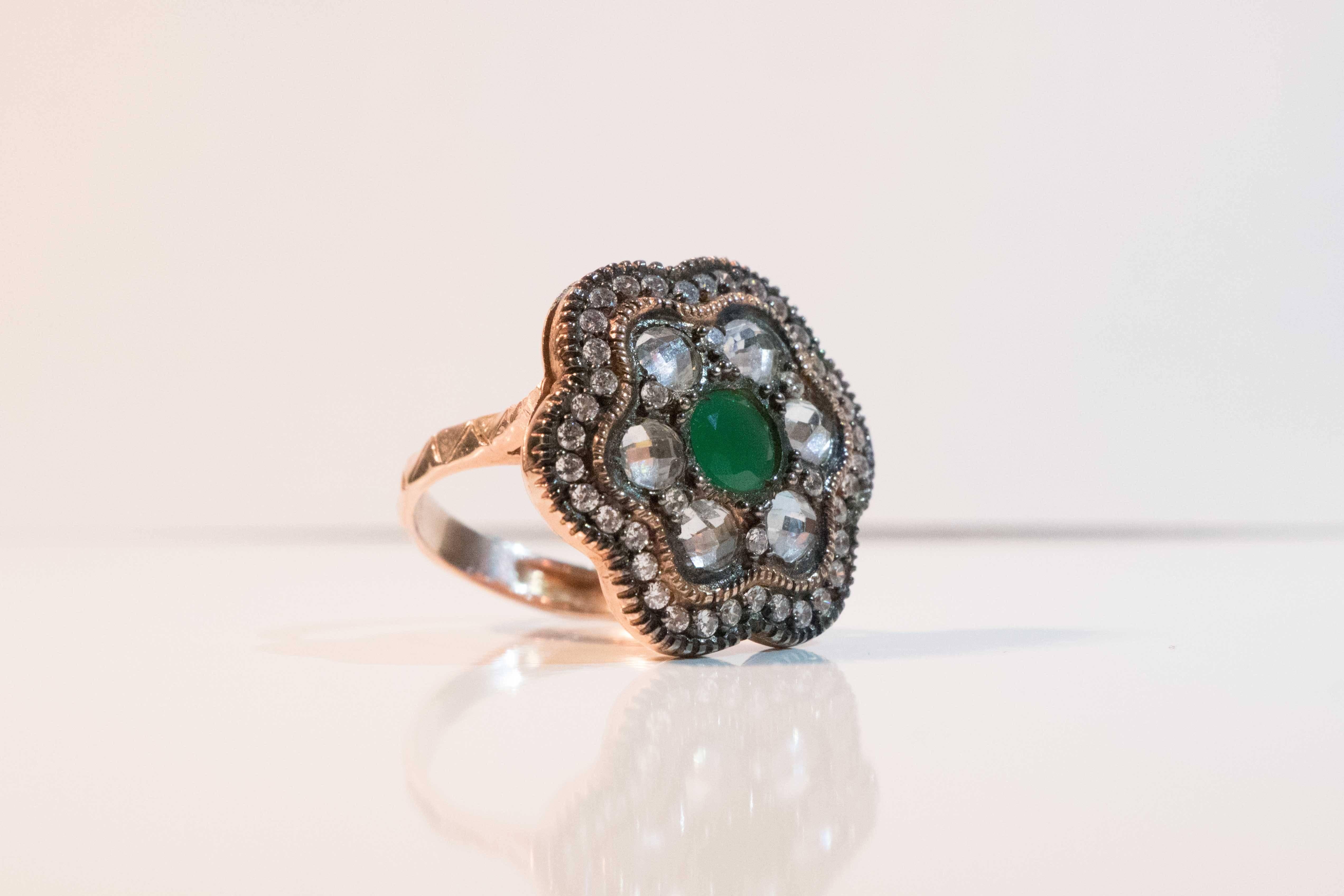 Hollywood Regency Stunning Vintage Swavorski Emerald, Zirconia and Crystal .925 Rose Plated Ring For Sale