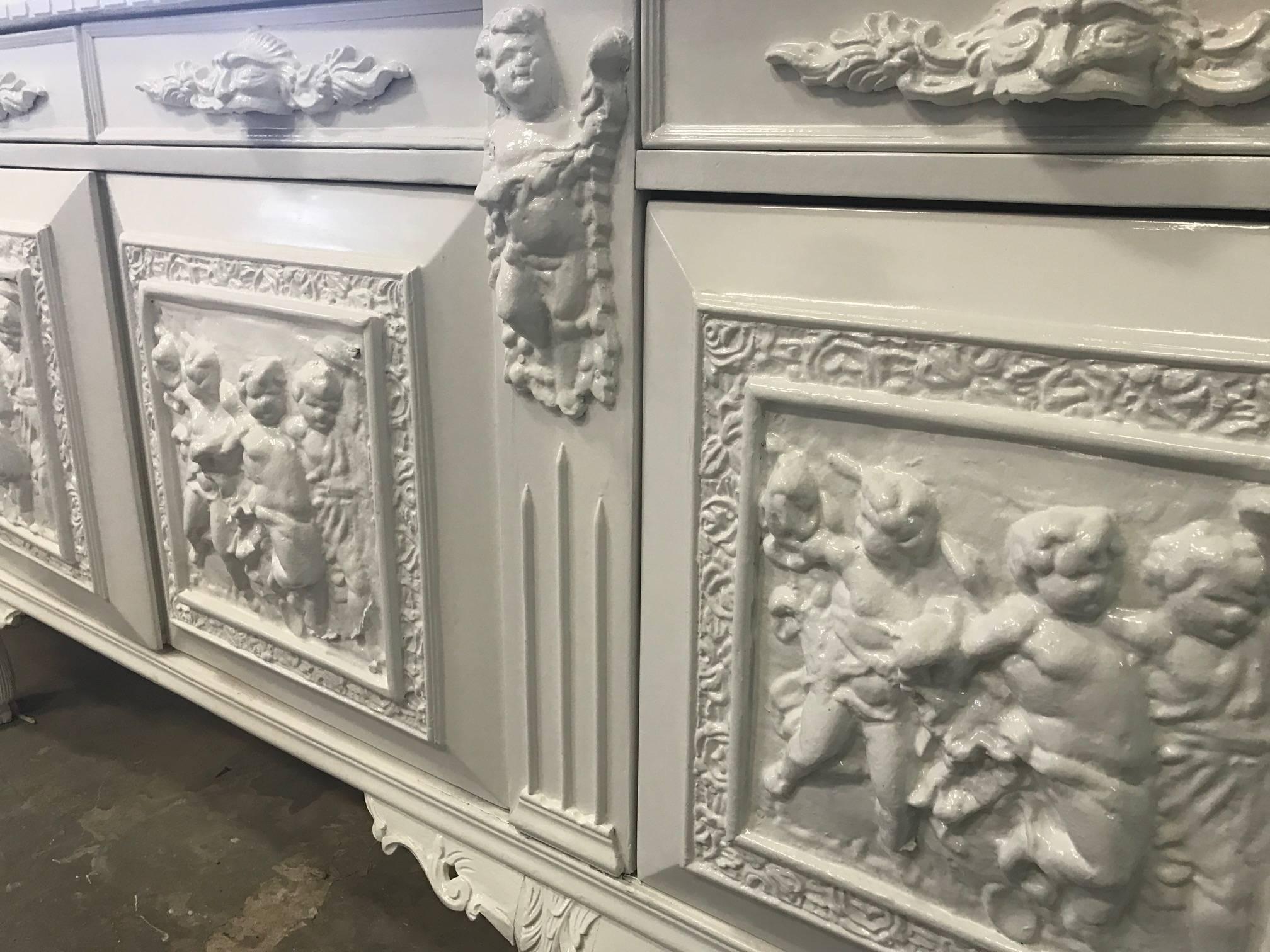Monumental white lacquered modern Rococo side board/ console/ kitchen island/ (Be Creative) - European made and hand-carved Cherubs! Fabulous! Beautiful shabby chic design. European flair - - This piece is spectacularly made and acquired from a
