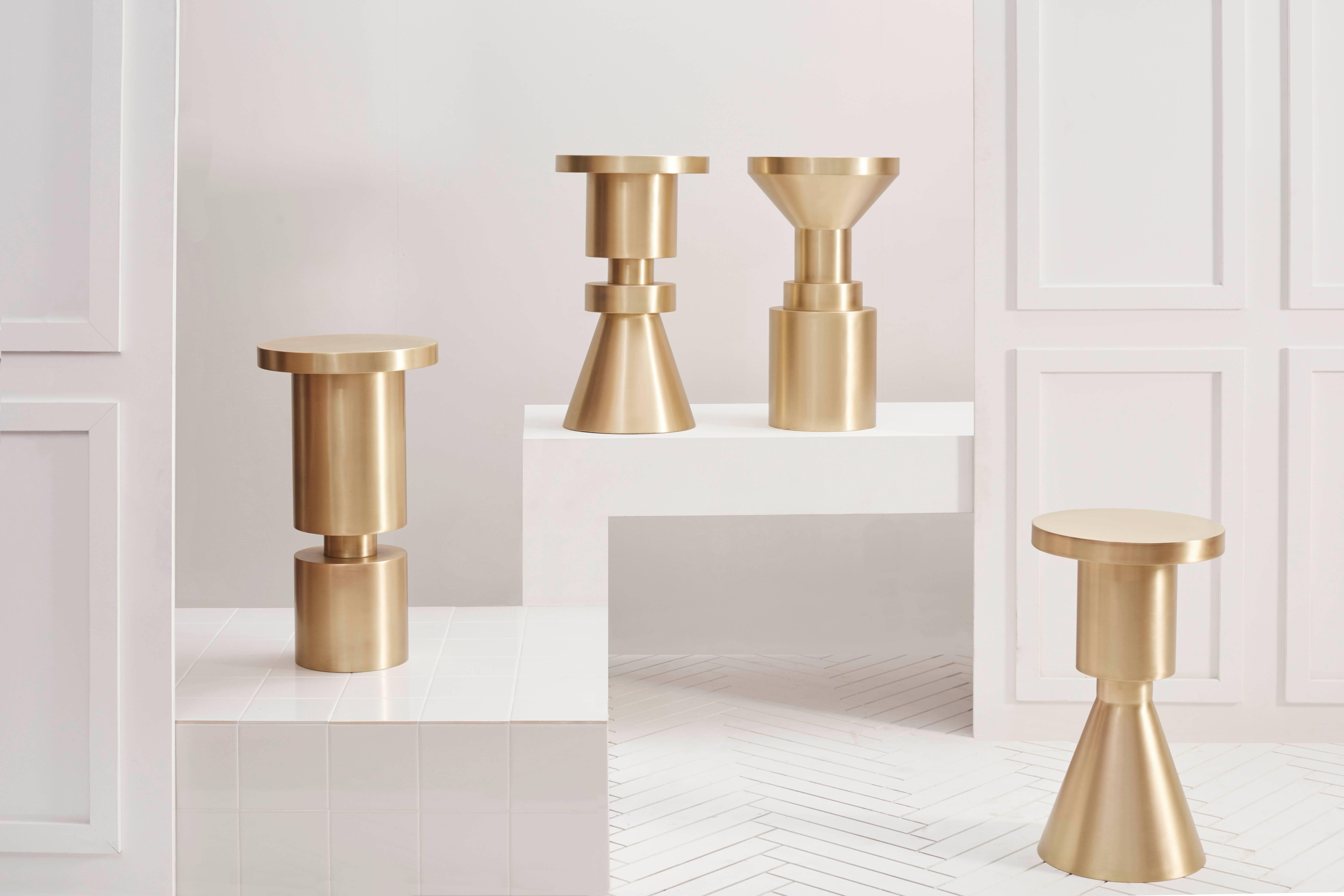 Taking their cue from the original Chess Stool Series, these forms have been elongated to serve as larger pieces within a room. Perfect for counter height use and made to work in series or alone. Metal stools are made from cold rolled steel, brass