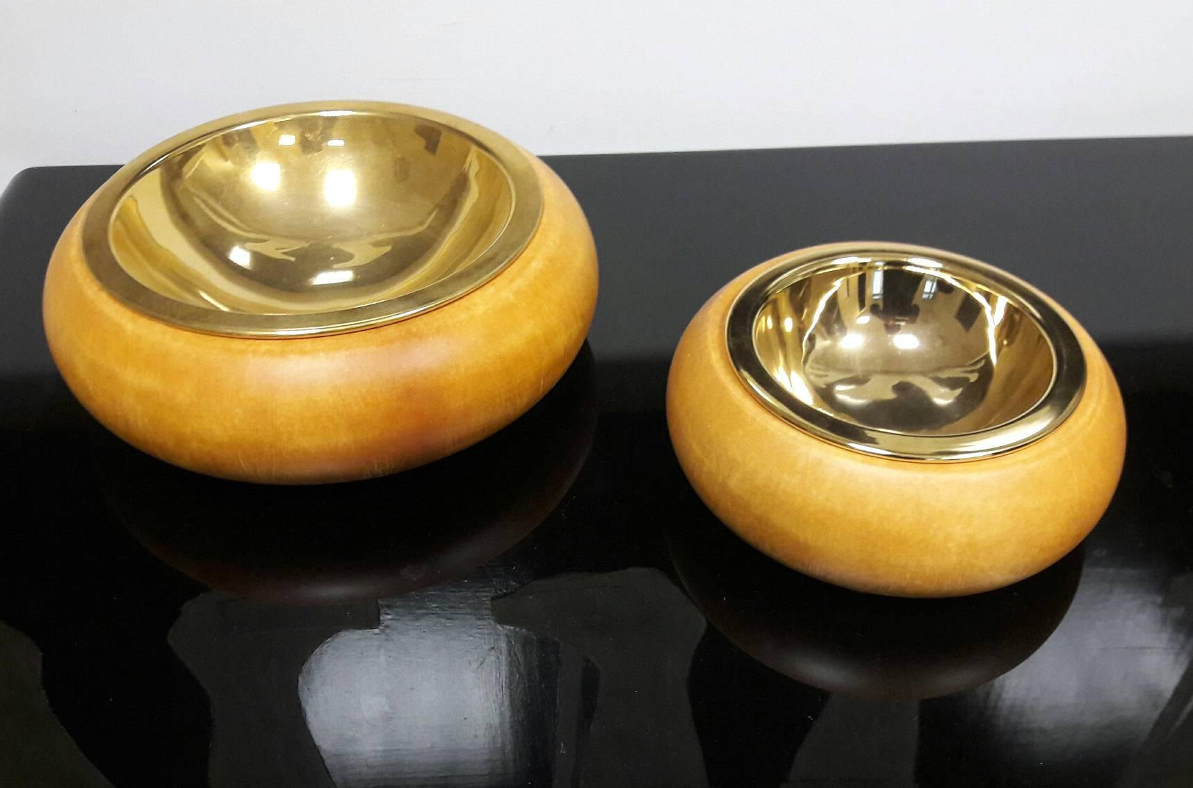 Art Deco Goatskin Col Ocra Tura Ashtrays or Candies Bowl, Set of Two For Sale