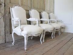Set of Four Antique Rococo Style Painted and Upholstered Linen Armchairs