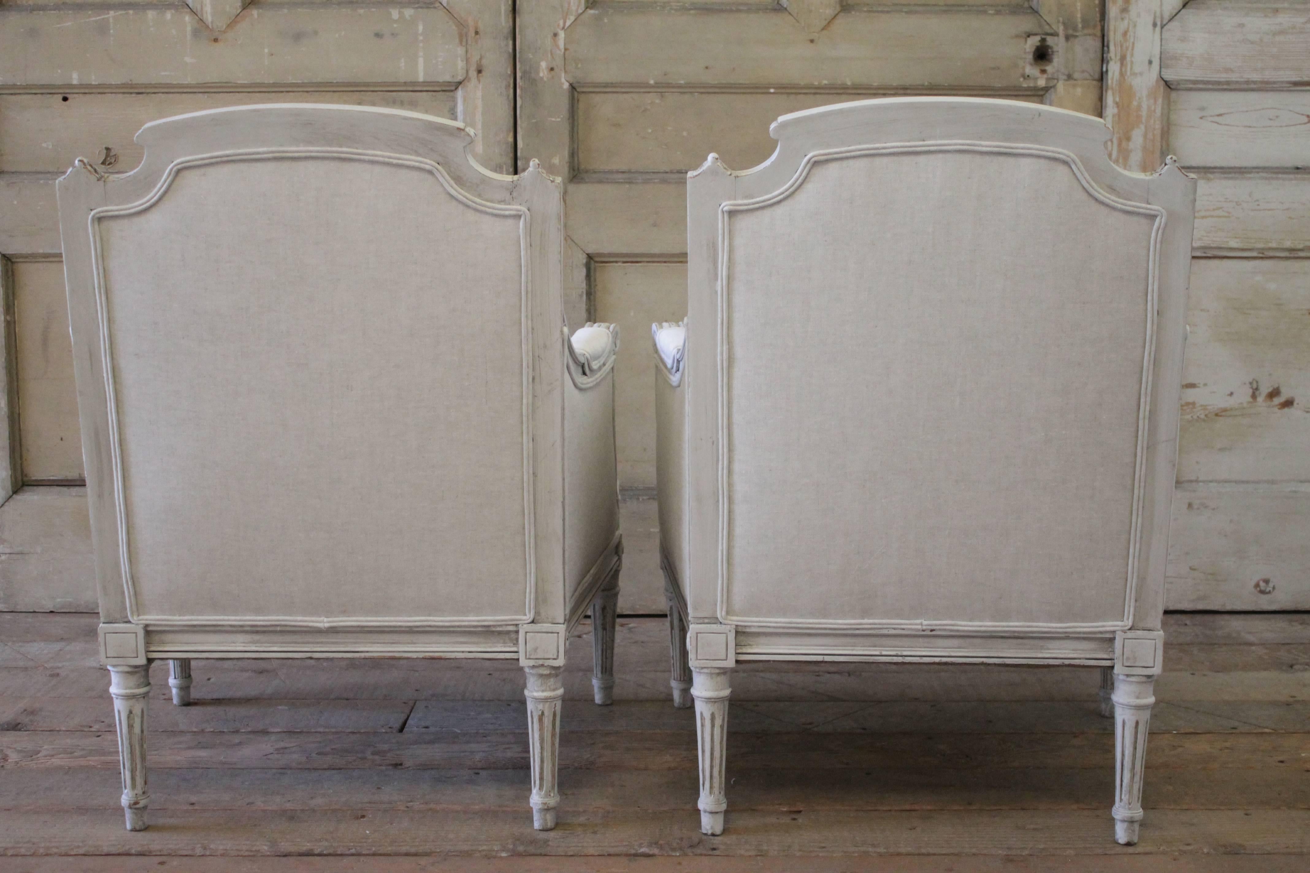 Pair of Louis XVI Style Painted and Upholstered Bergere Chairs 3