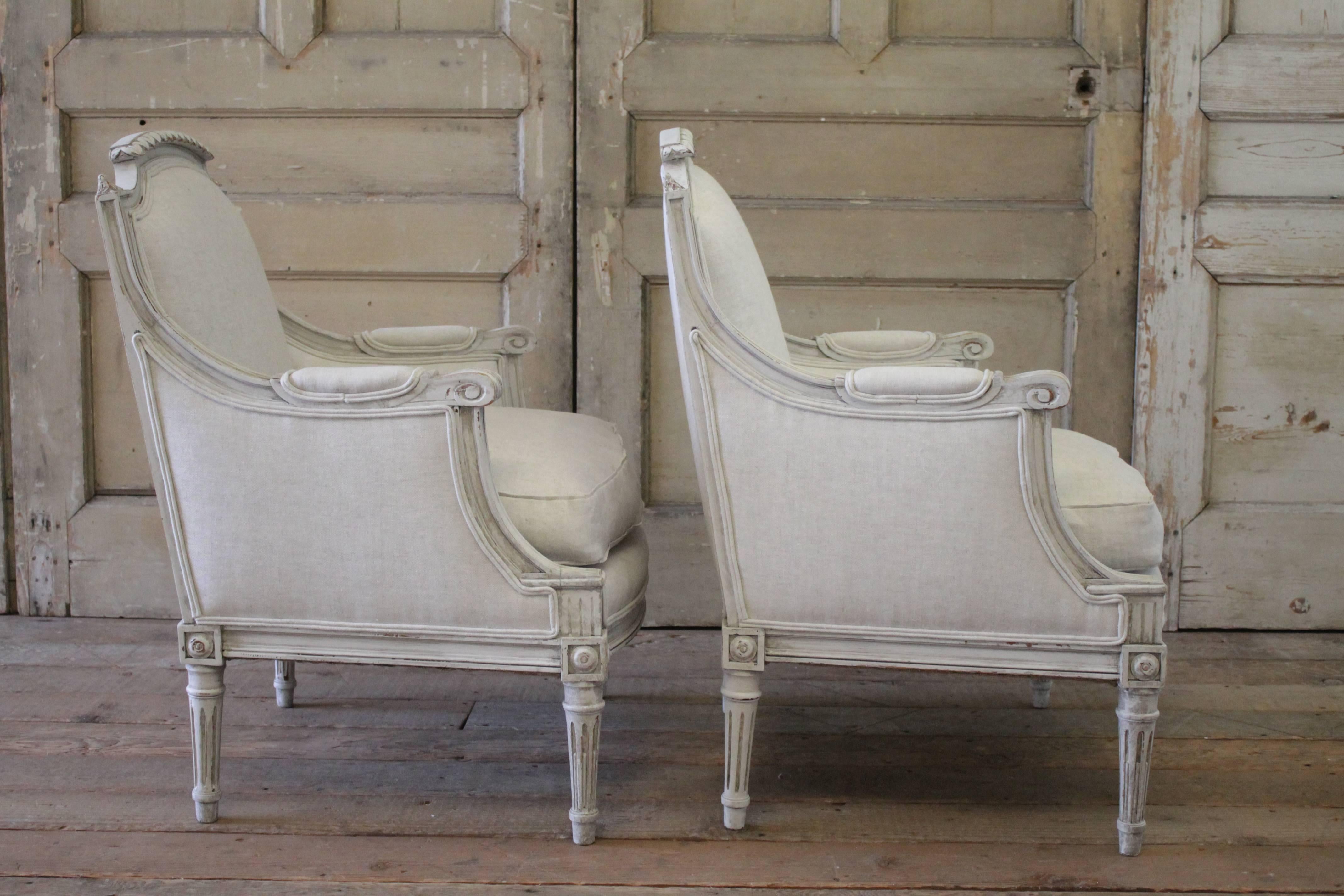 Pair of Louis XVI Style Painted and Upholstered Bergere Chairs 2