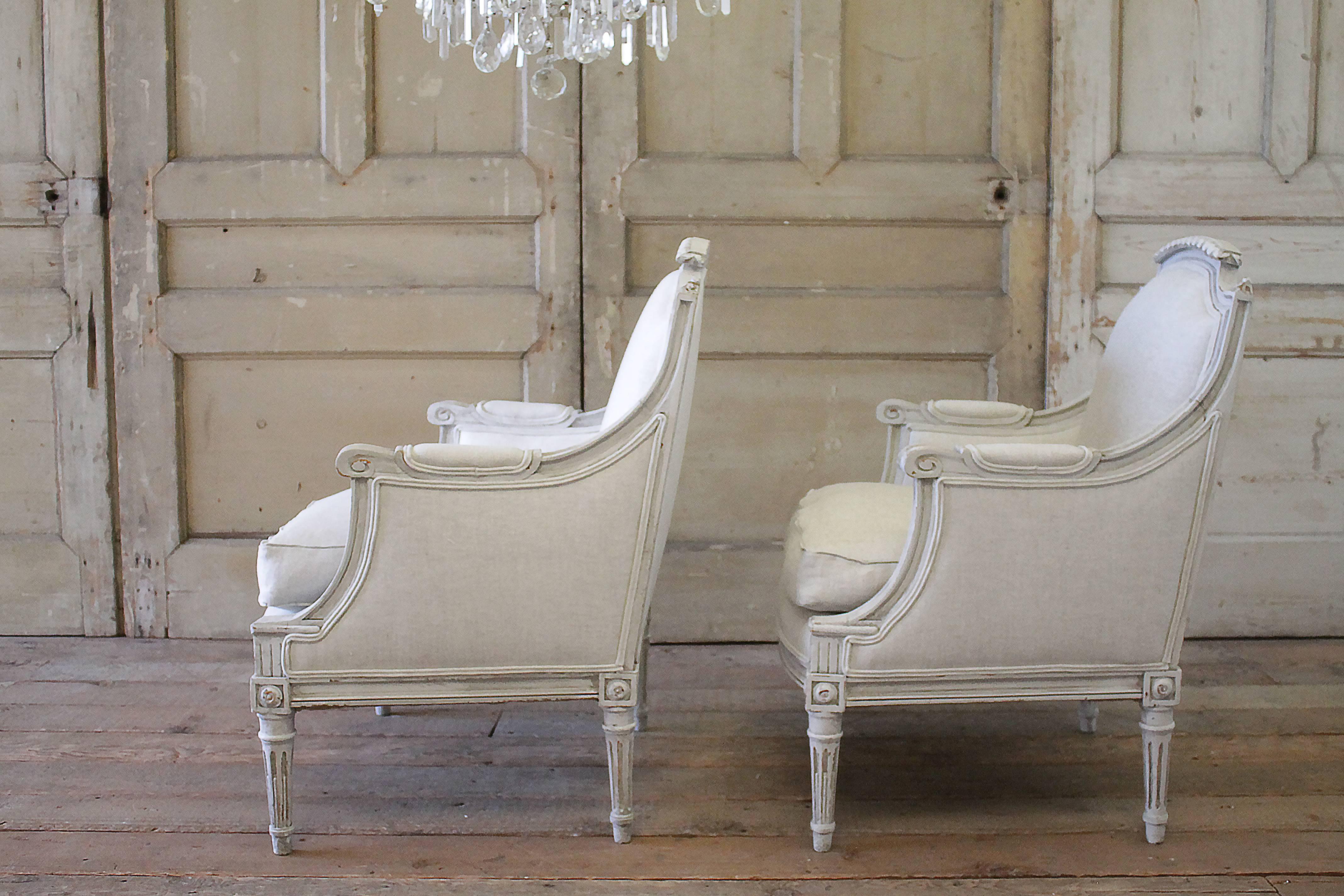Pair of Louis XVI Style Painted and Upholstered Bergere Chairs 1