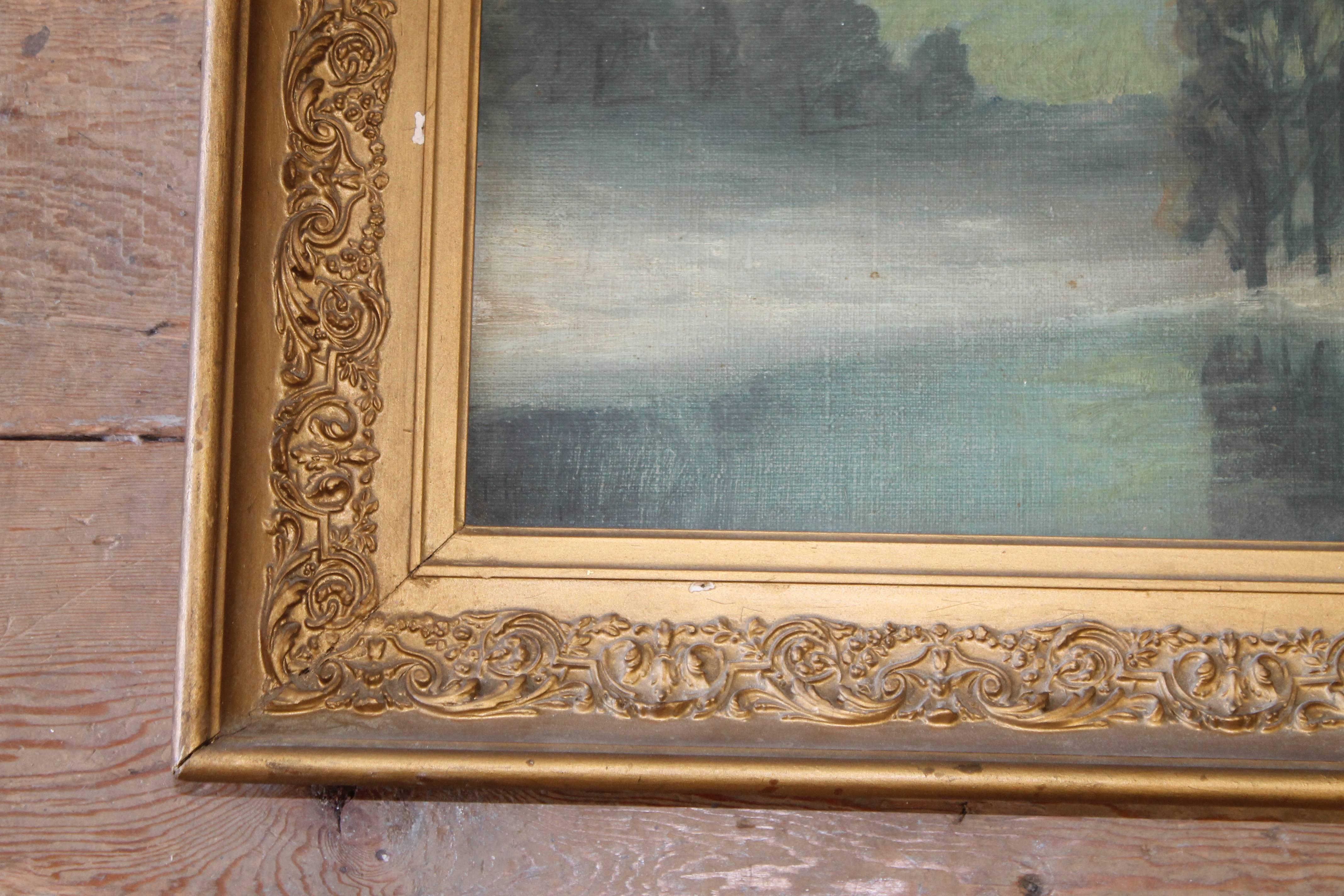 Early 20th Century Antique River Landscape Oil on Canvas in Giltwood Frame In Good Condition For Sale In Brea, CA