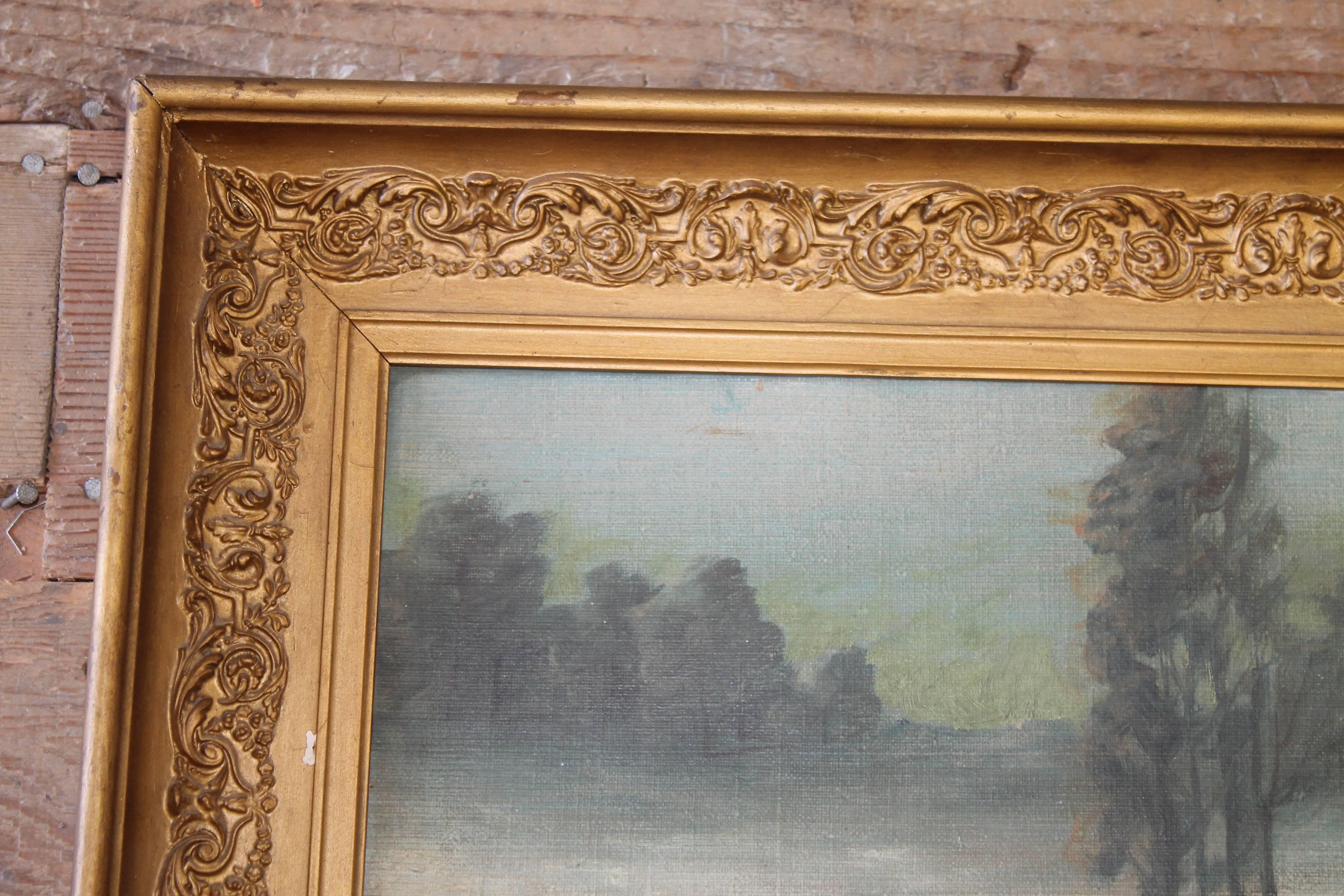 Early 20th Century Antique River Landscape Oil on Canvas in Giltwood Frame For Sale 2