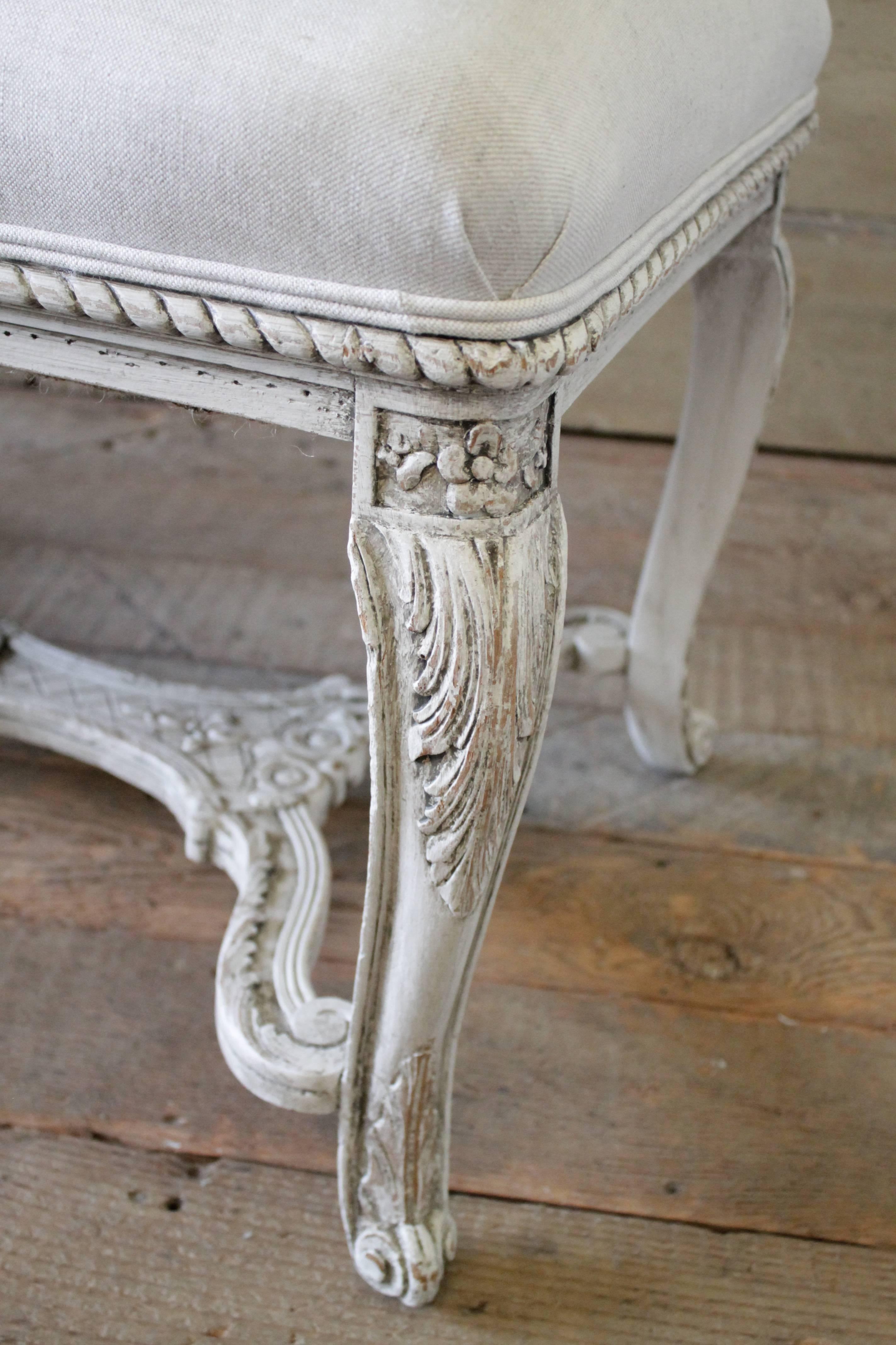 20th Century Carved and Painted Upholstered Bench In Good Condition In Brea, CA