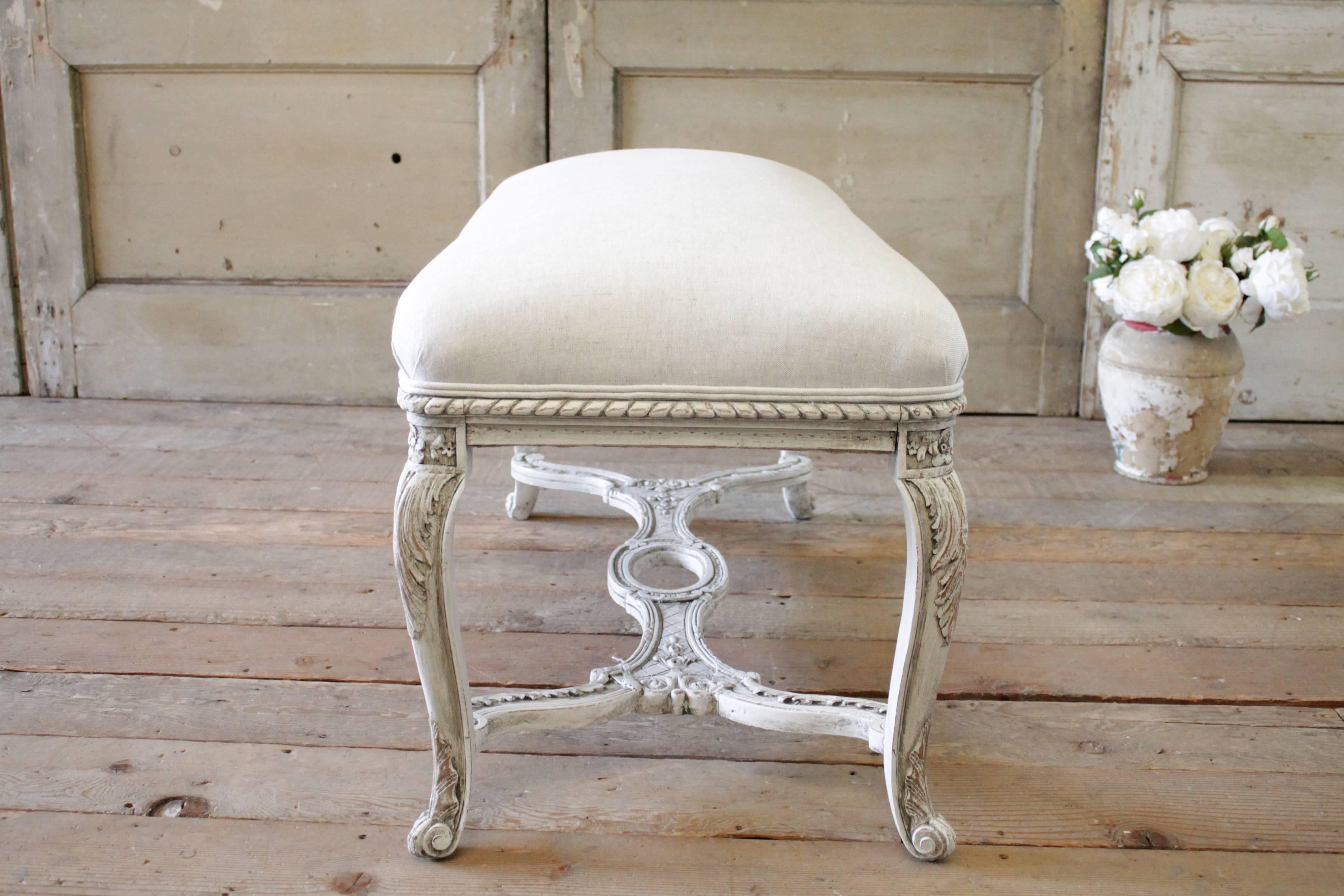 Linen 20th Century Carved and Painted Upholstered Bench