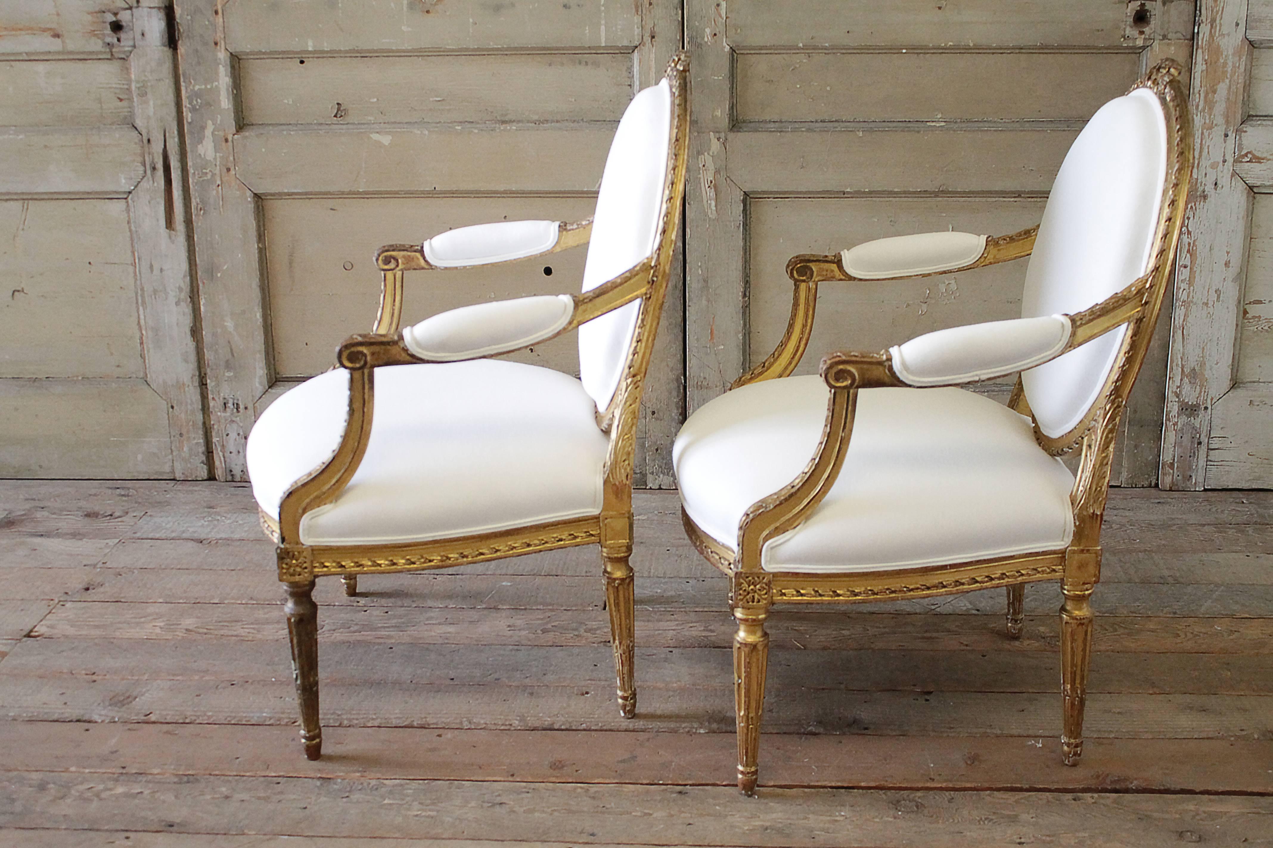 20th Century Carved Giltwood Louis XVI Style Open Armchairs 3