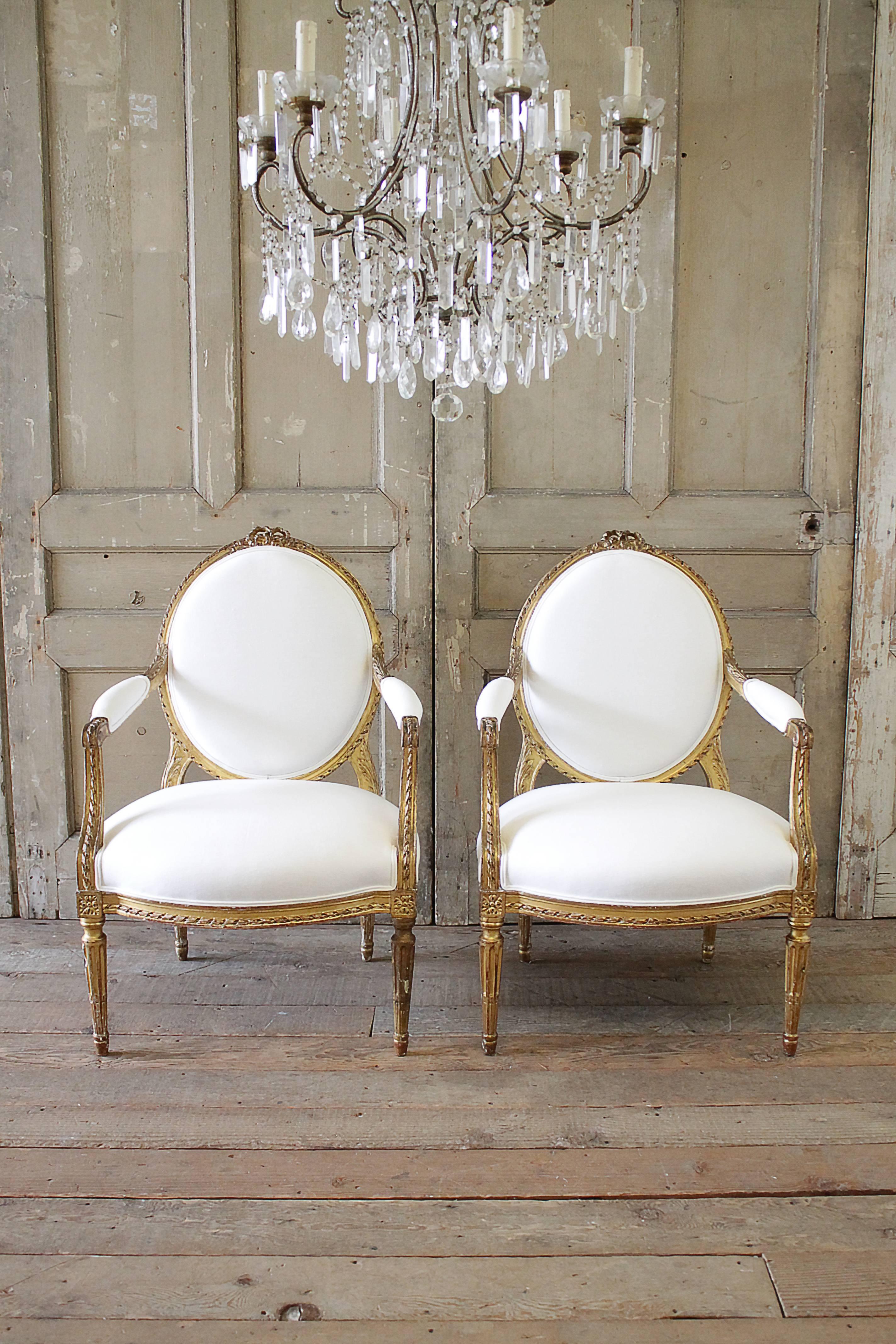 French 20th Century Carved Giltwood Louis XVI Style Open Armchairs