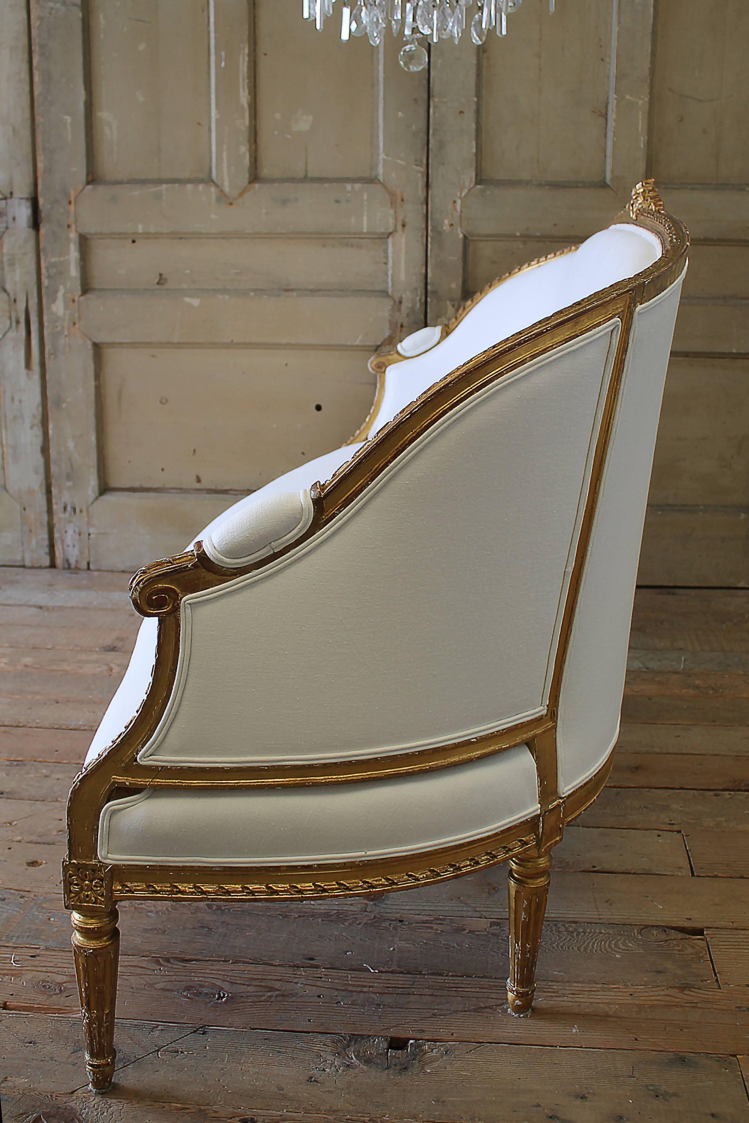 Upholstery 20th Century Carved Ribbon Giltwood Louis XVI Style French Sofa
