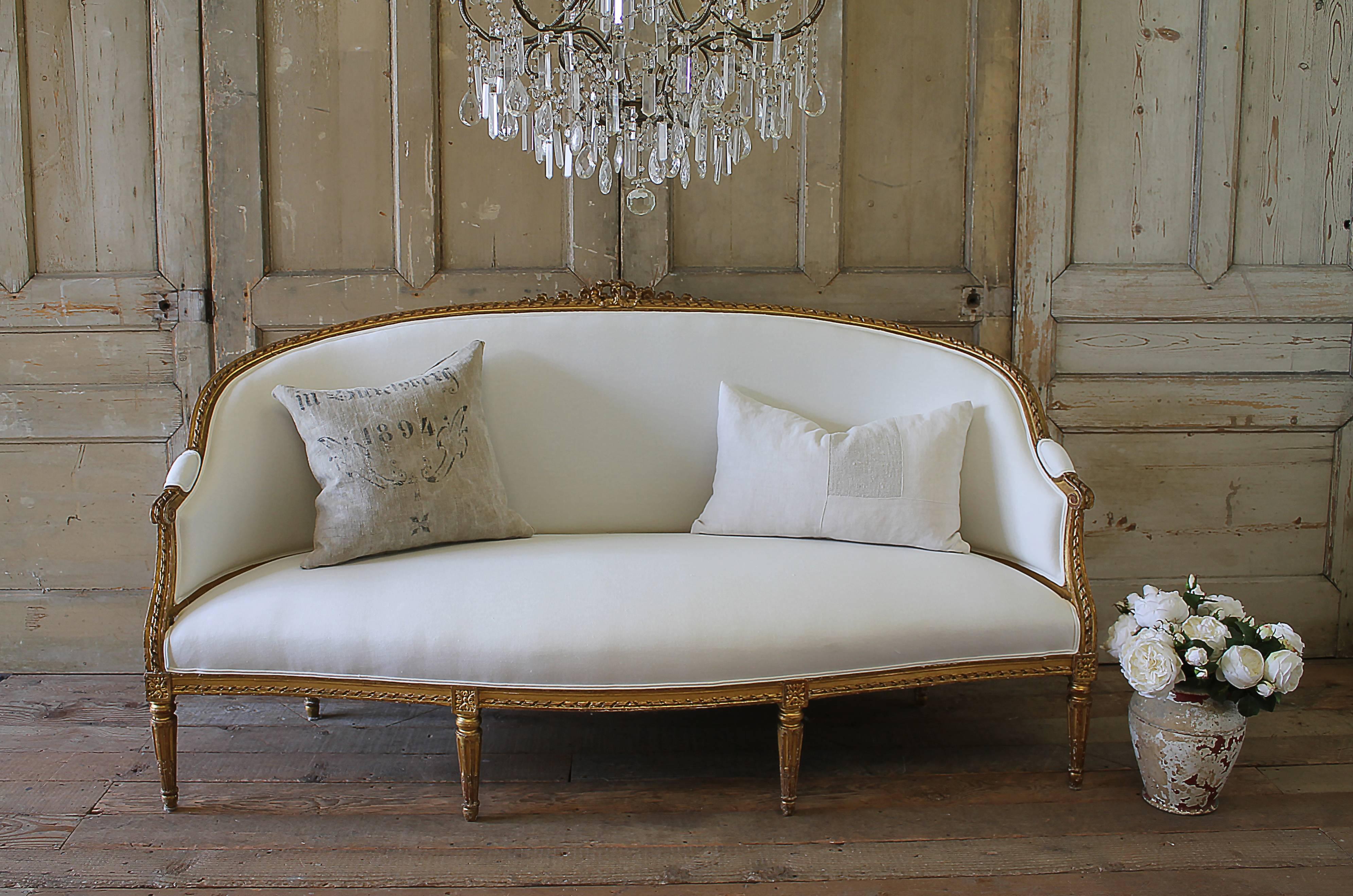 20th Century Carved Ribbon Giltwood Louis XVI Style French Sofa 5