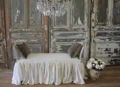 Vintage Cane Bench with Custom Linen Ruffle Slip Cover