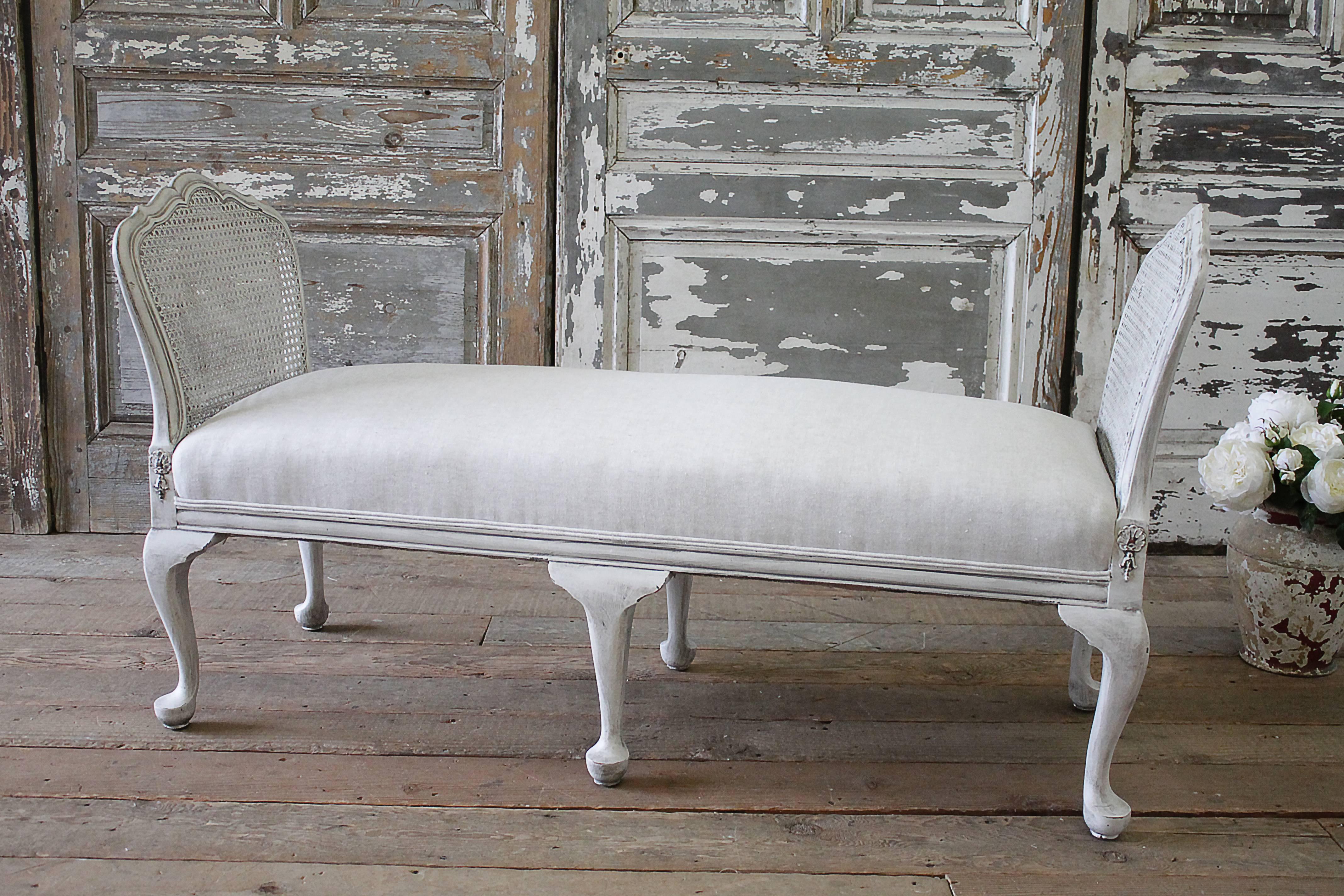 Vintage Cane Bench with Custom Linen Ruffle Slip Cover at 1stDibs