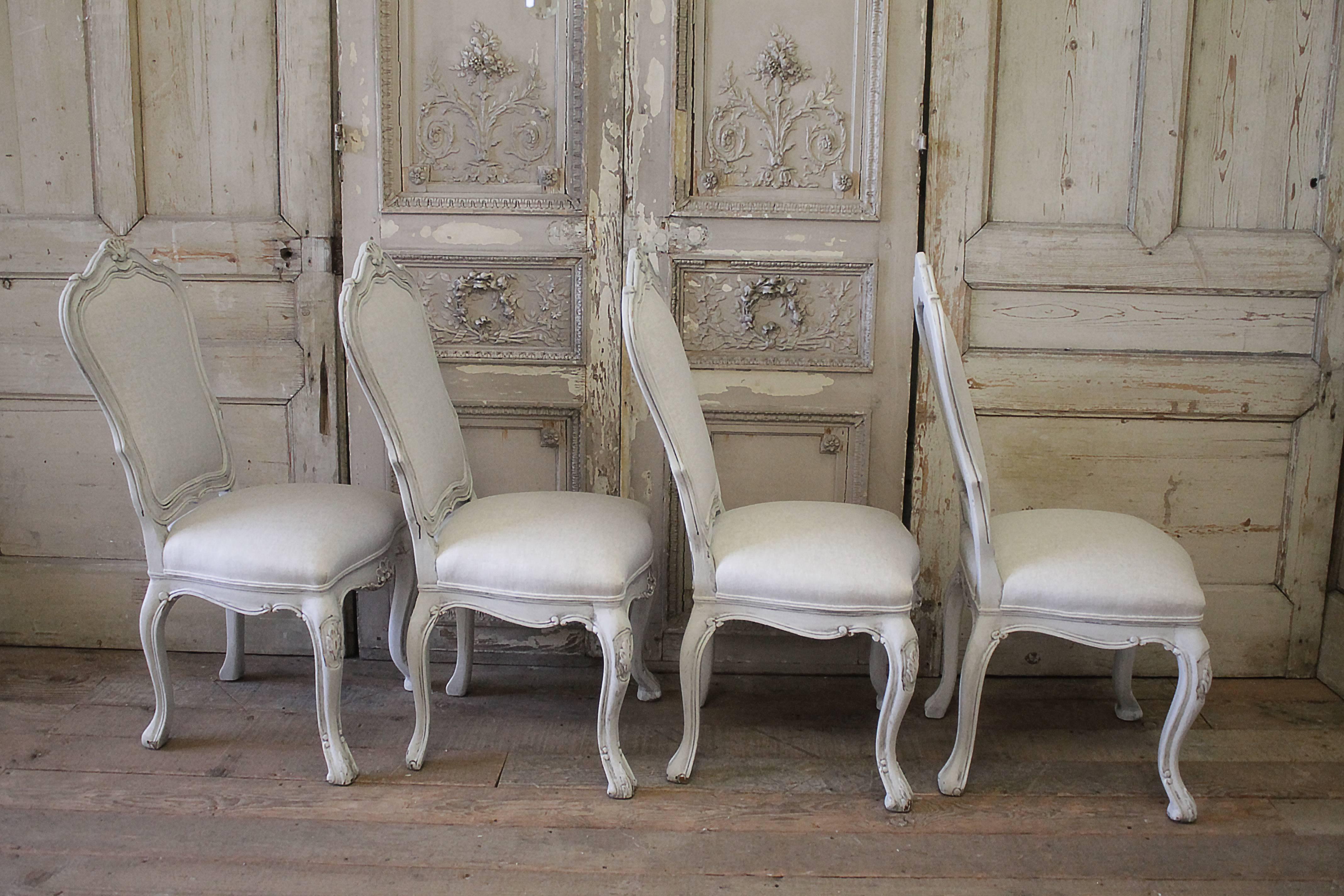 Carved Set of 4 Painted and Upholstered Linen Side Chairs by Karges