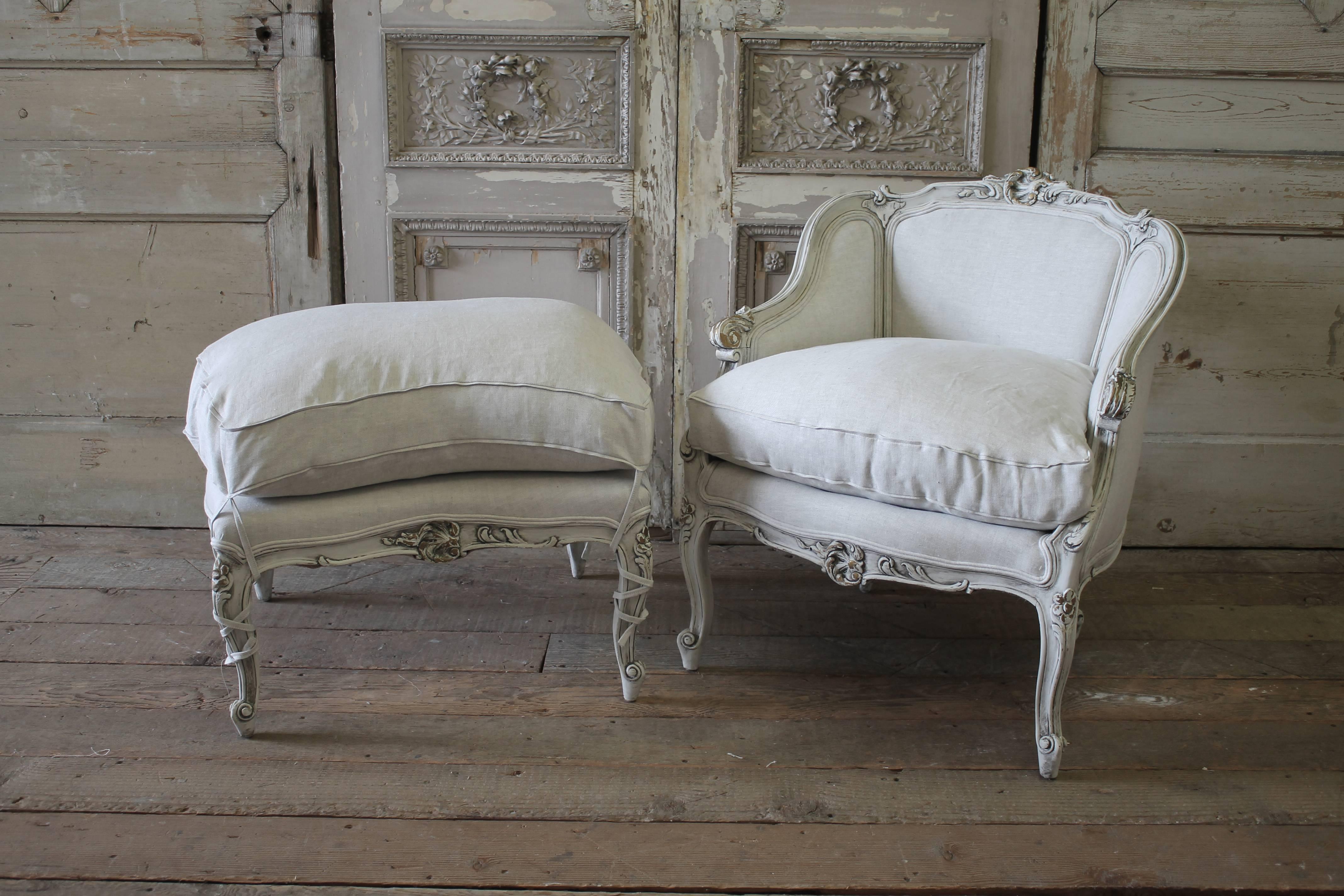 Carved 19th Century Louis XV Style Antique French Chair with Ottoman