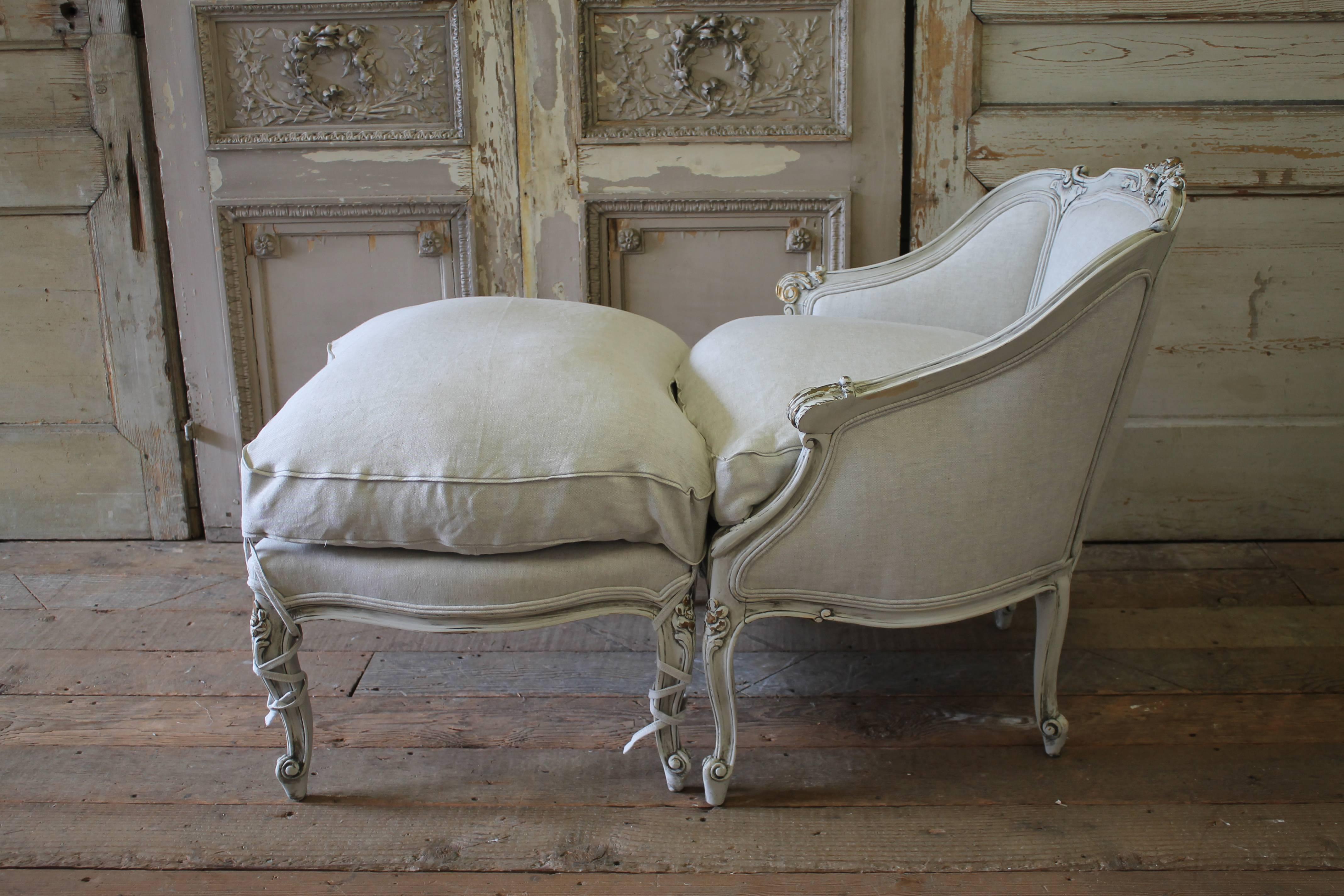 Linen 19th Century Louis XV Style Antique French Chair with Ottoman