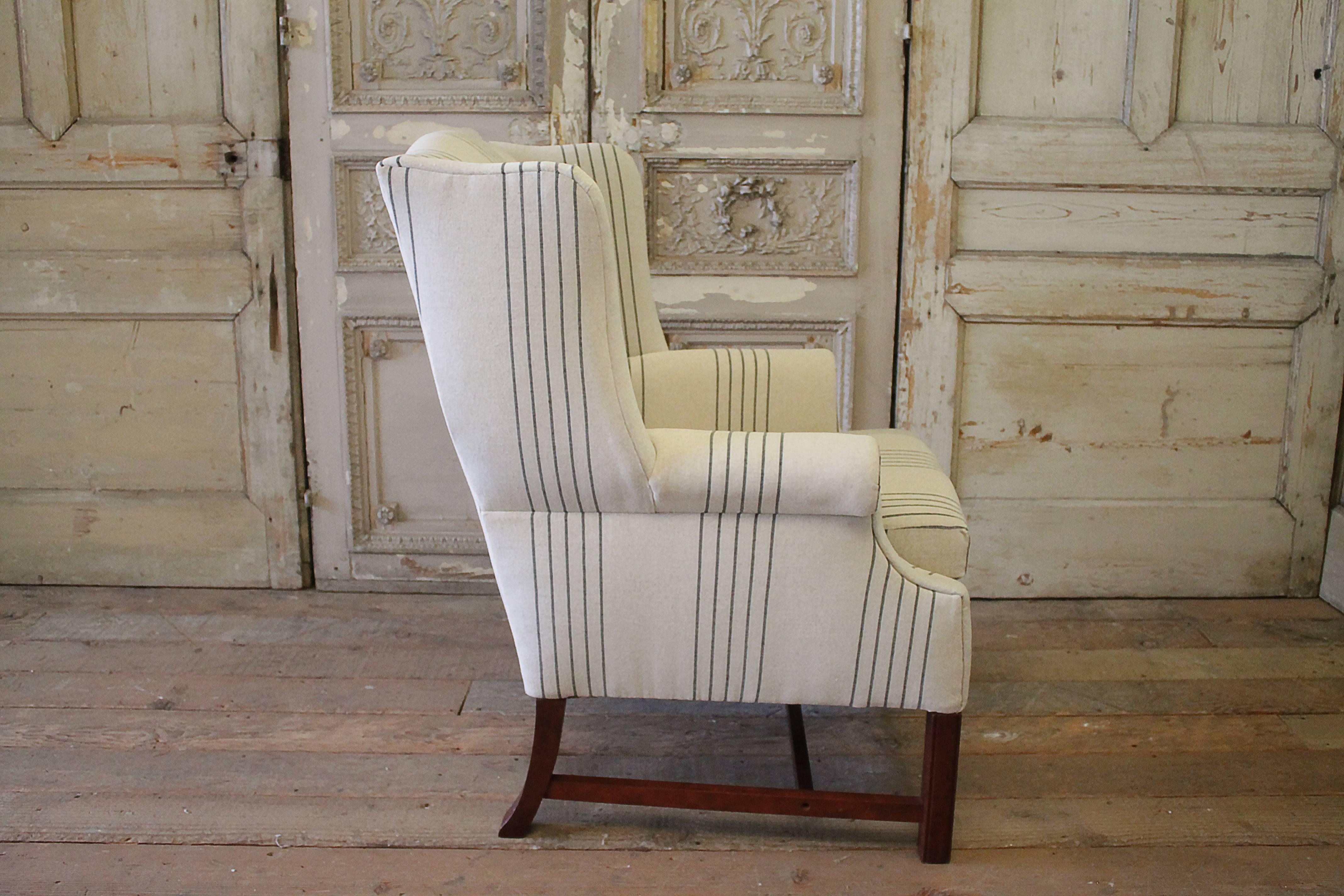 20th Century Linen Upholstered Wing Chair 2