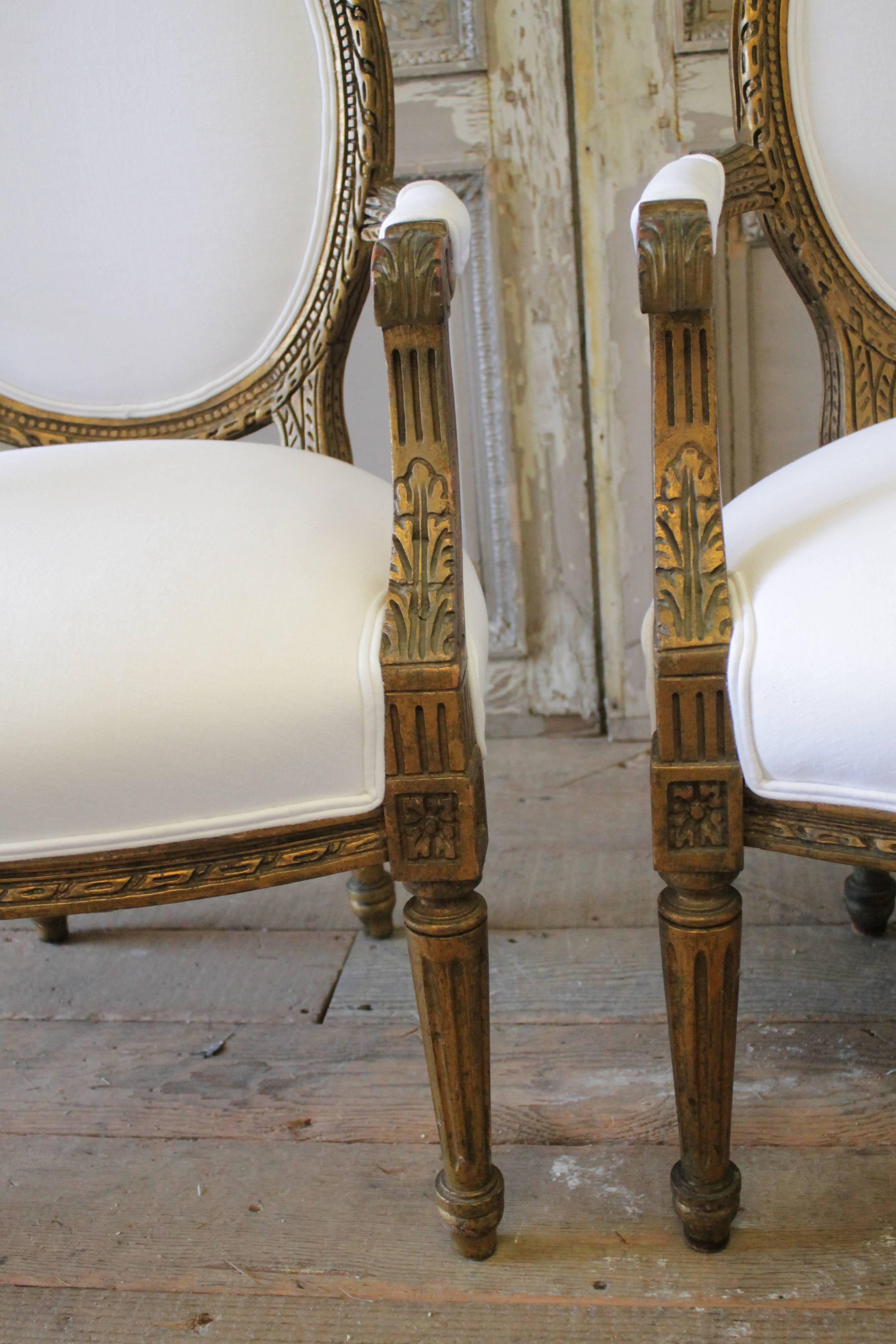 Pair of 19th Century Giltwood Ribbon Carved Louis XVI Style French Chairs In Good Condition In Brea, CA