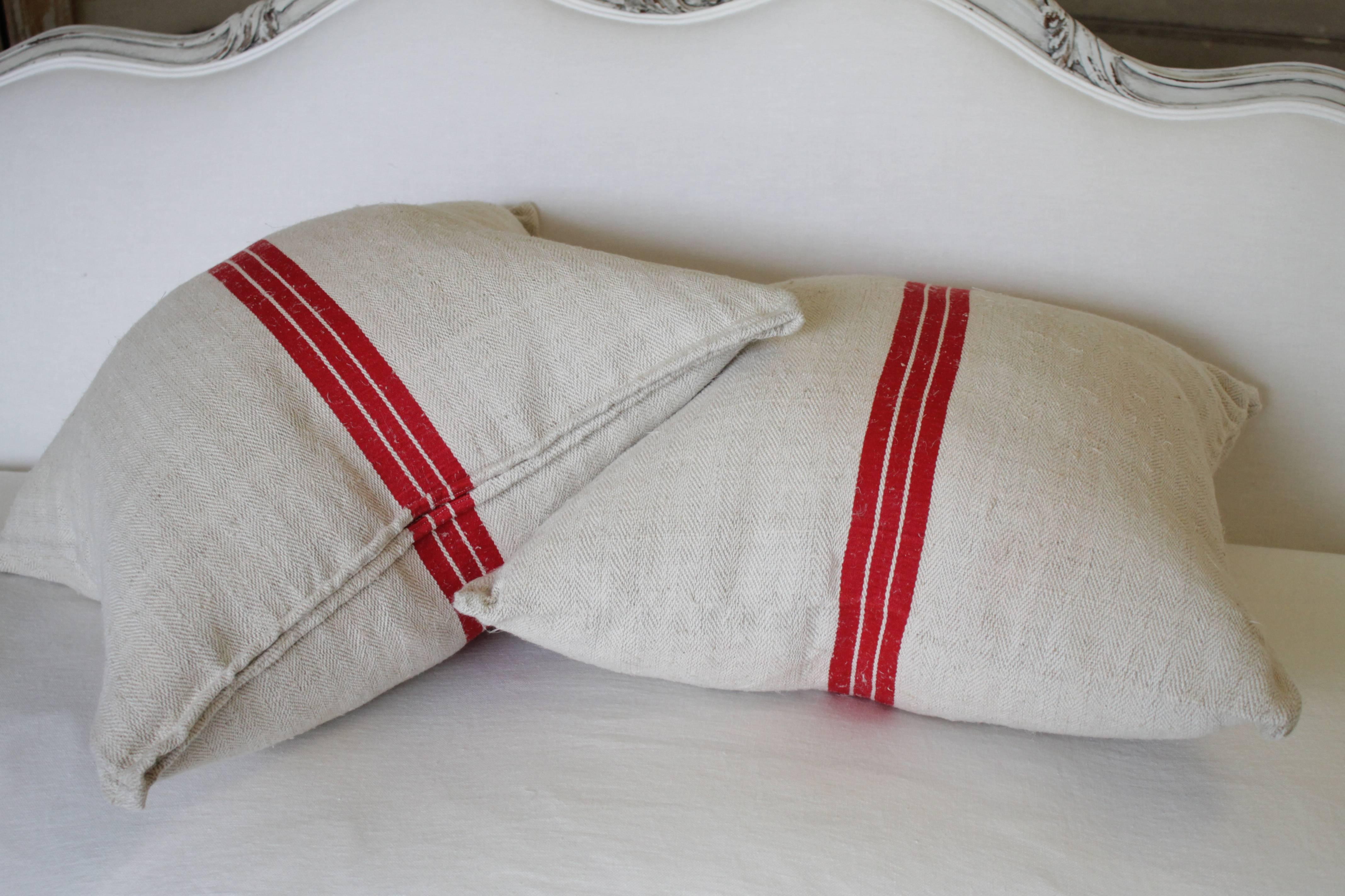 Rustic Pair of Red Stripe Antique European Linen Grainsack Pillows