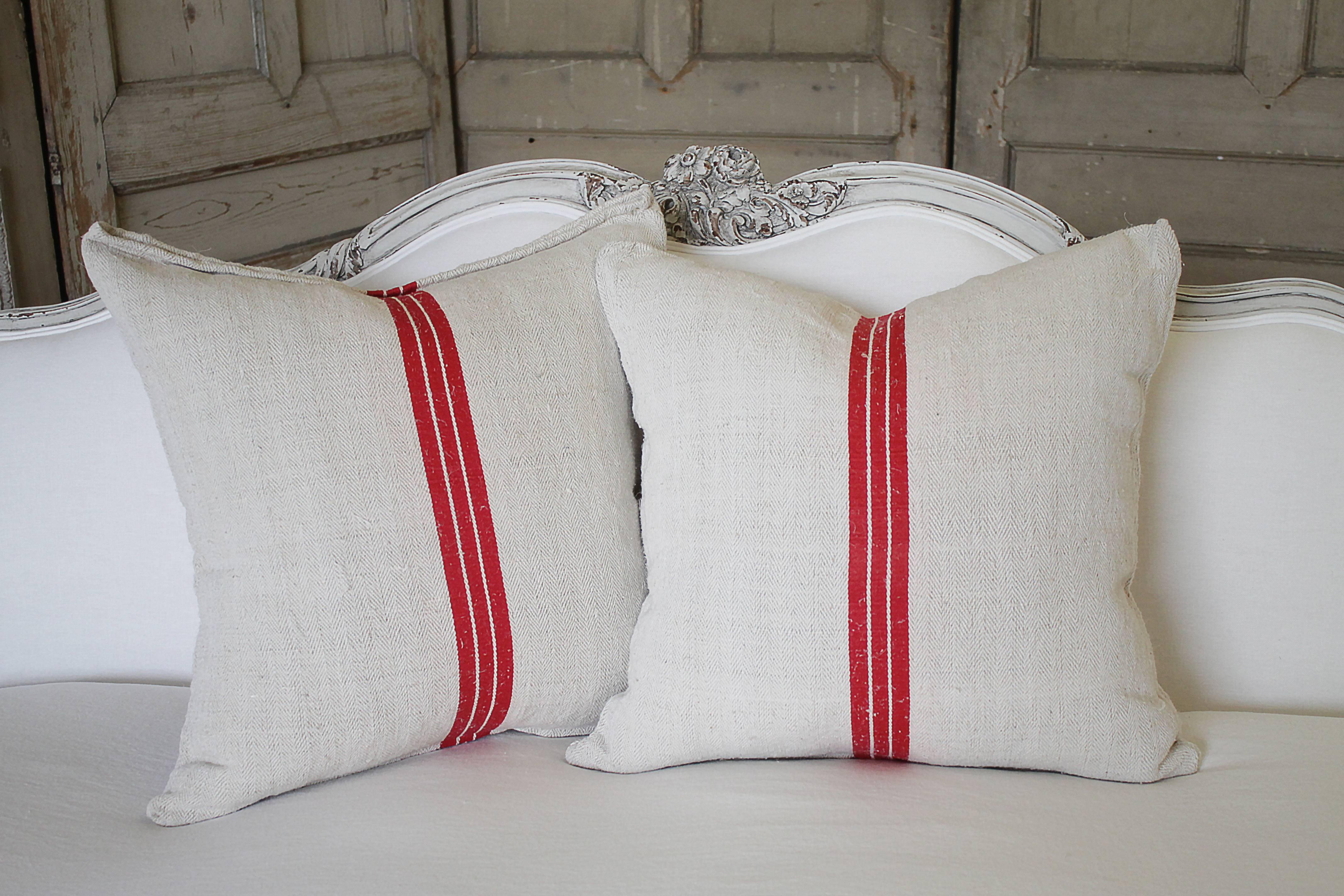 Belgian Pair of Red Stripe Antique European Linen Grainsack Pillows