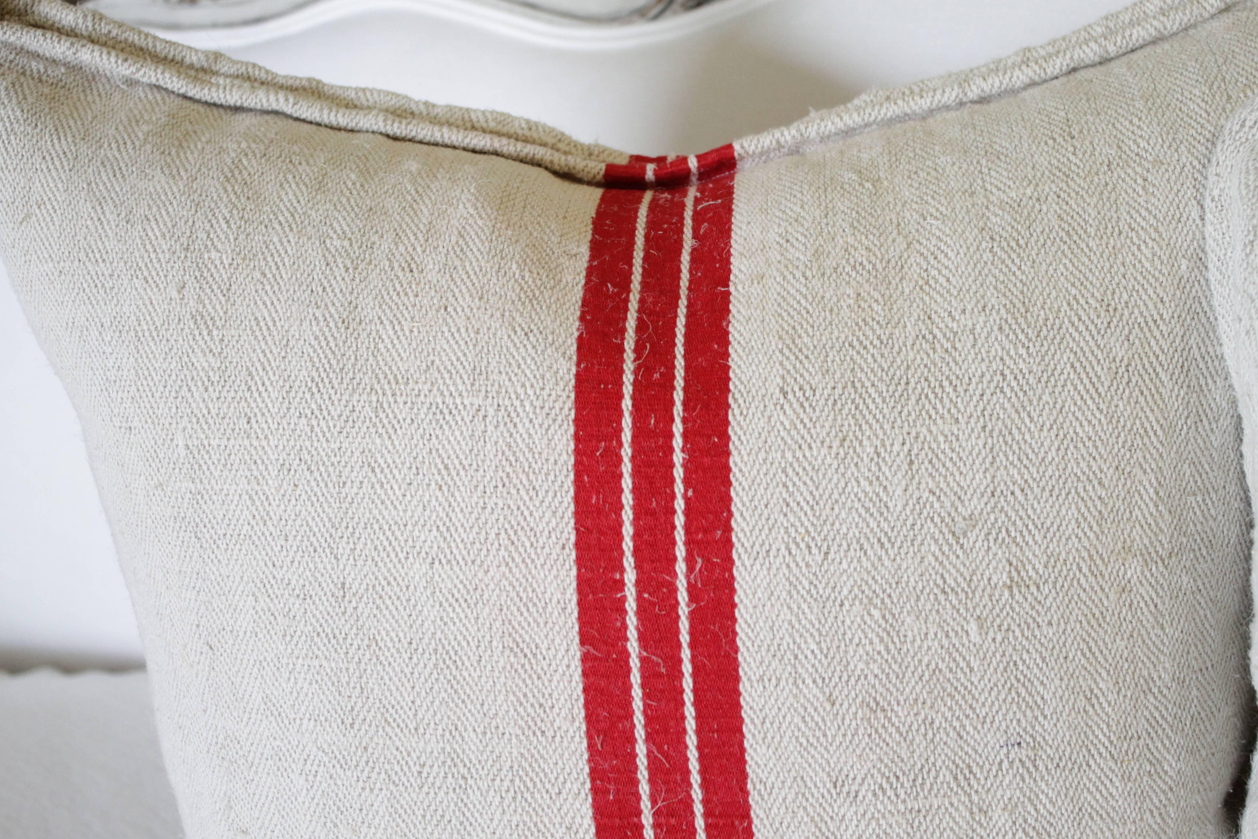 Pair of Red Stripe Antique European Linen Grainsack Pillows In Good Condition In Brea, CA