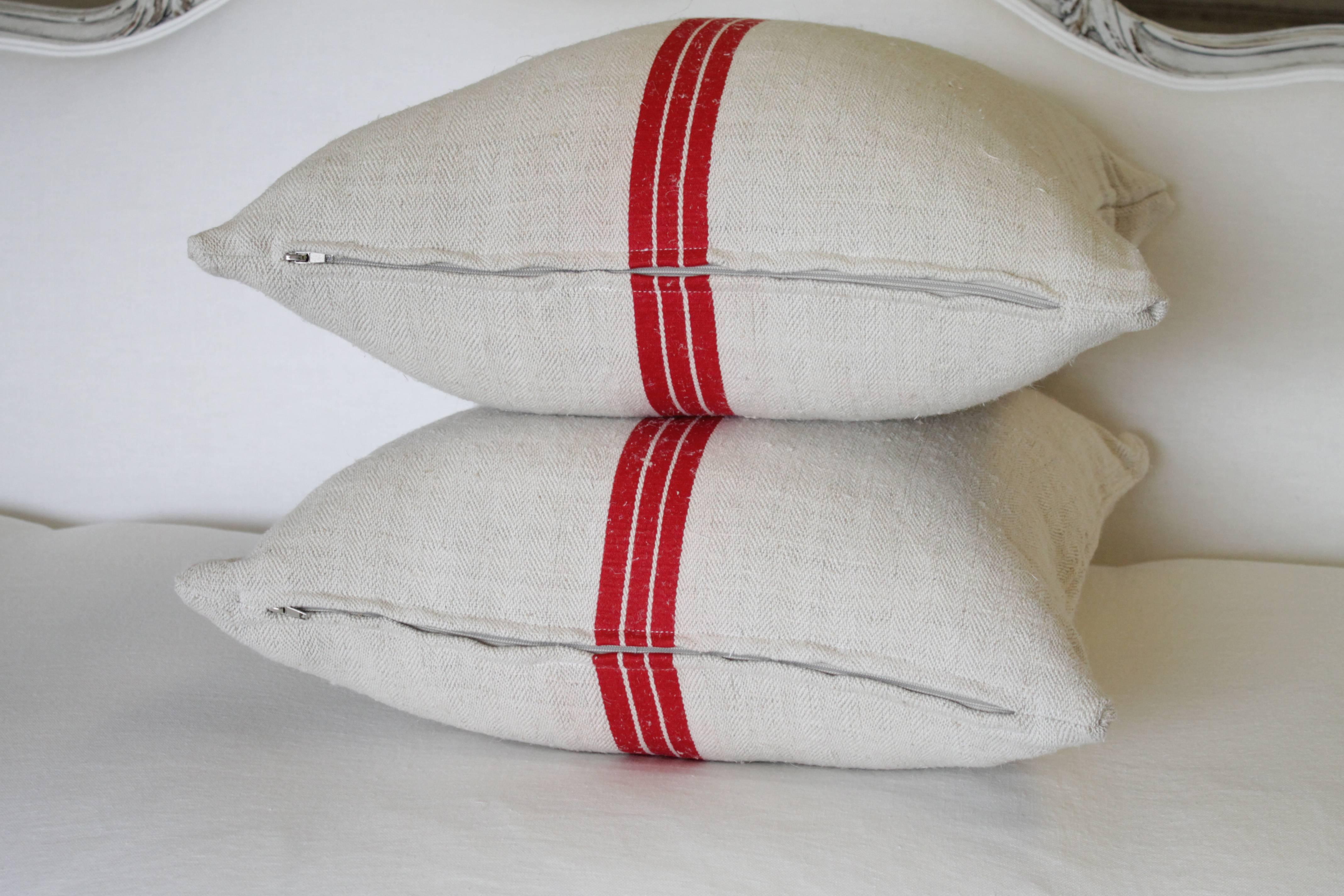 20th Century Pair of Red Stripe Antique European Linen Grainsack Pillows