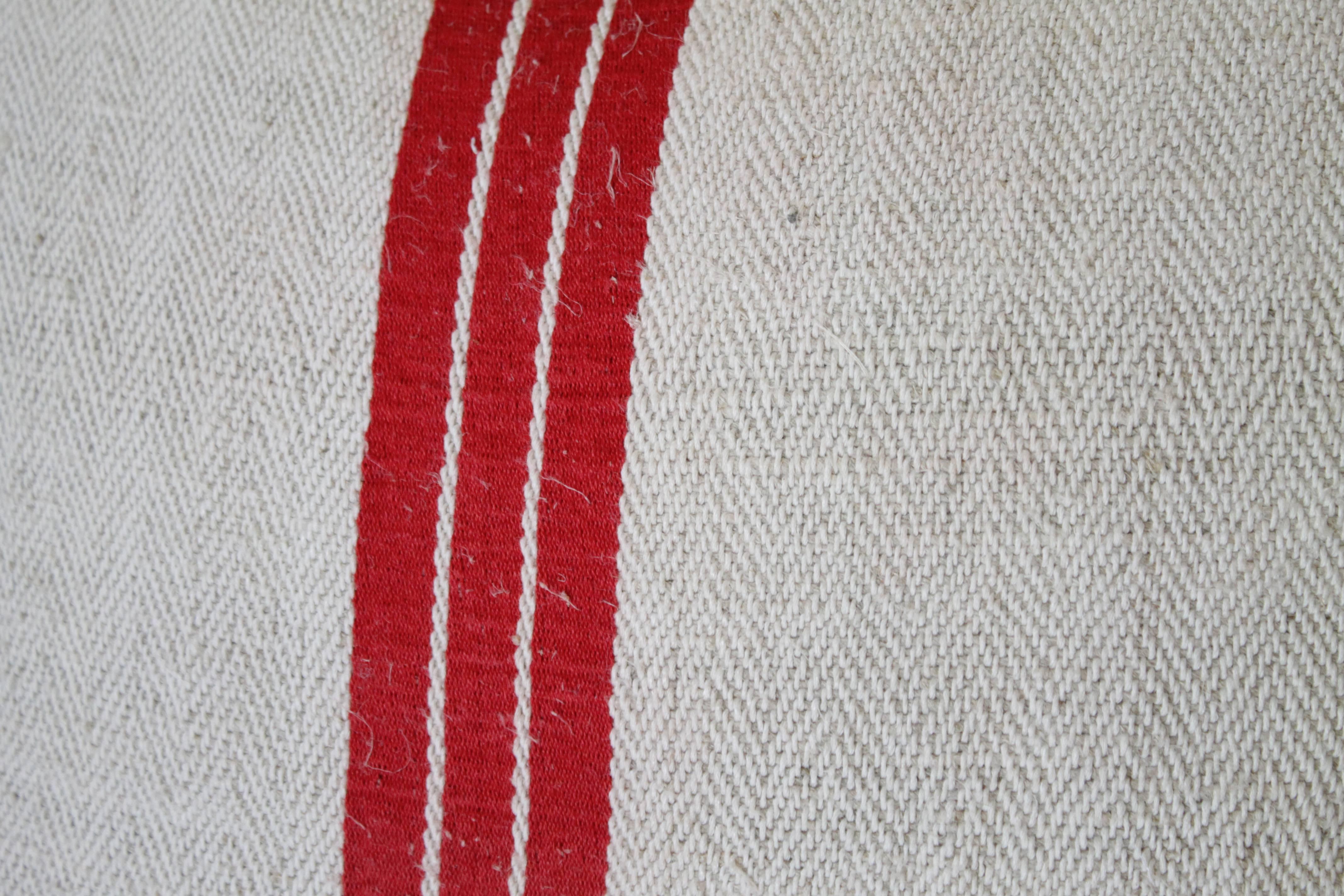 Pair of Red Stripe Antique European Linen Grainsack Pillows 1