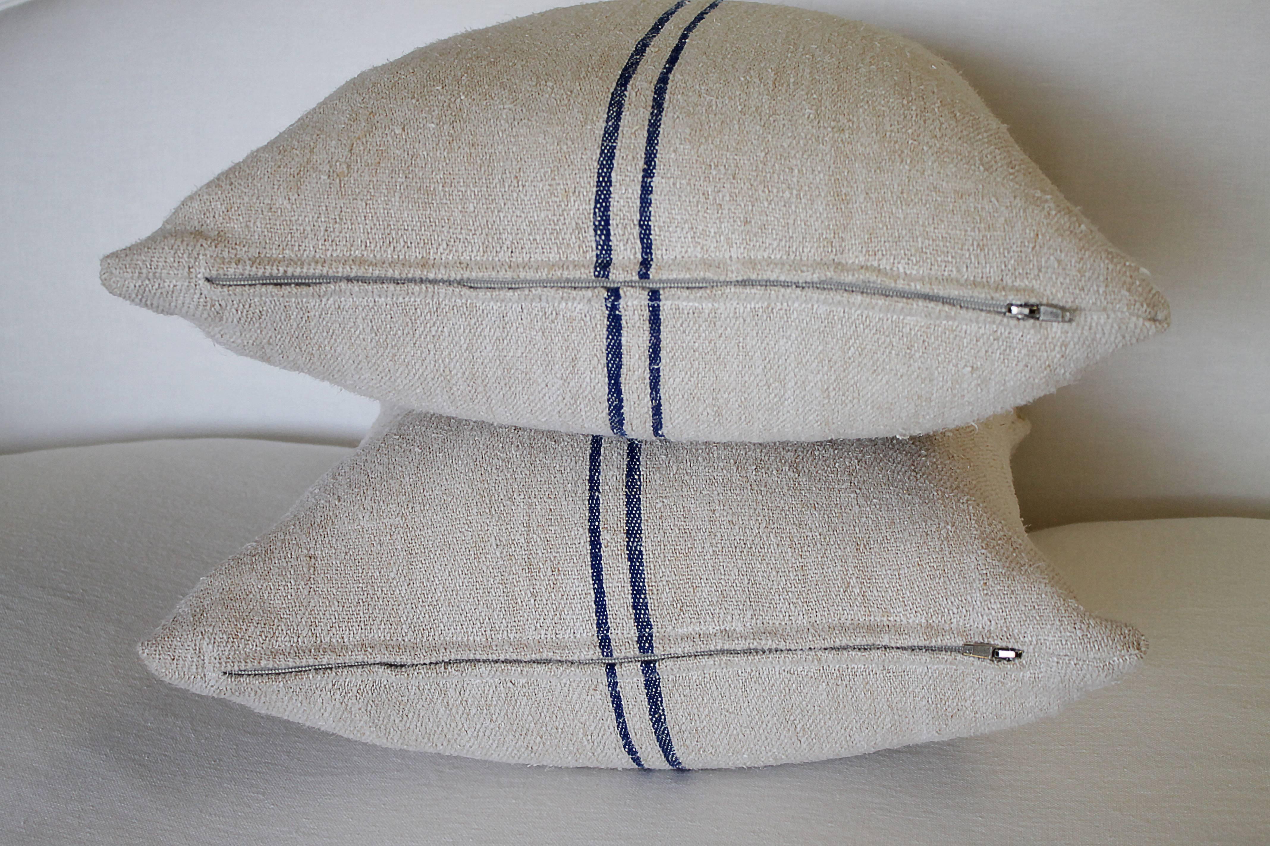 Belgian Pair of Nubby 19th Century Antique European Linen Grainsack Pillows