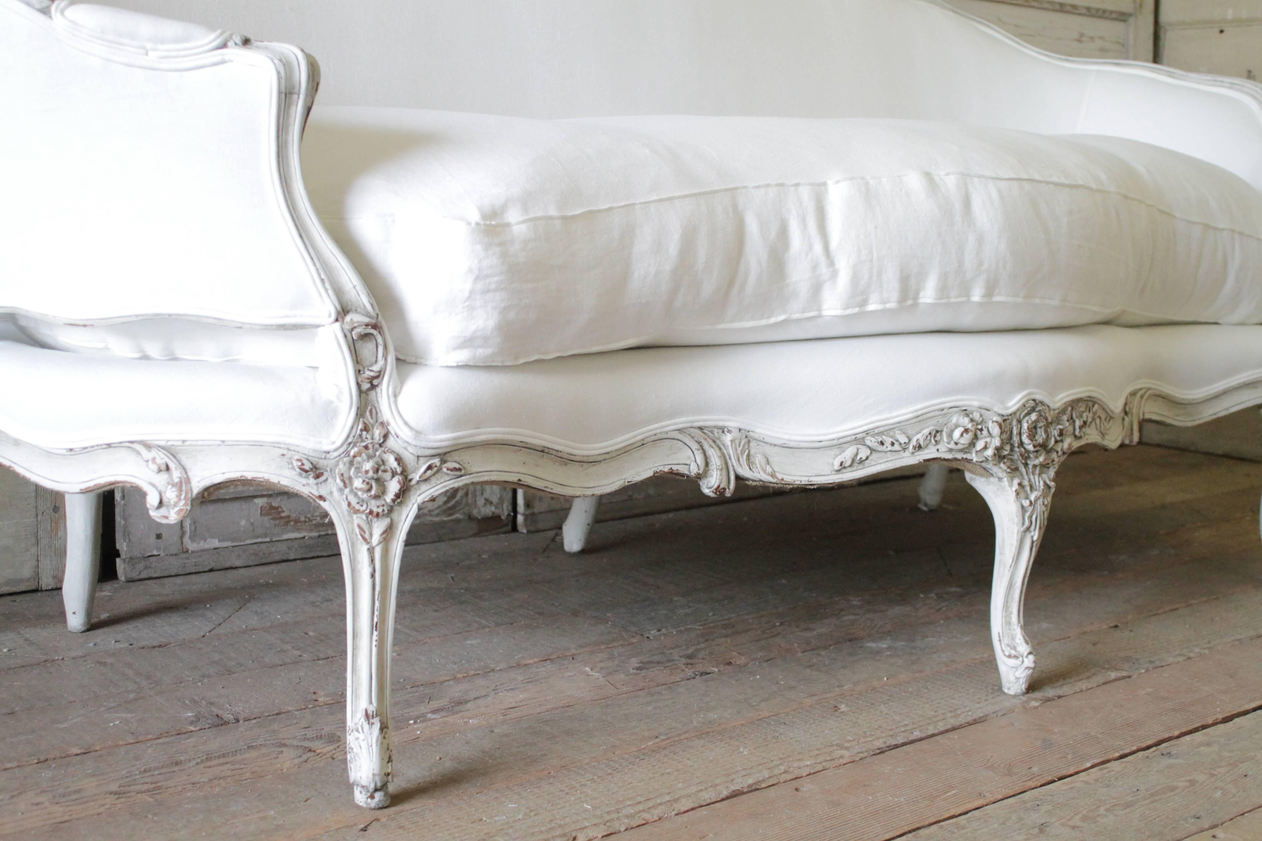 Louis XV 19th Century Carved Walnut Painted and Upholstered French Sofa