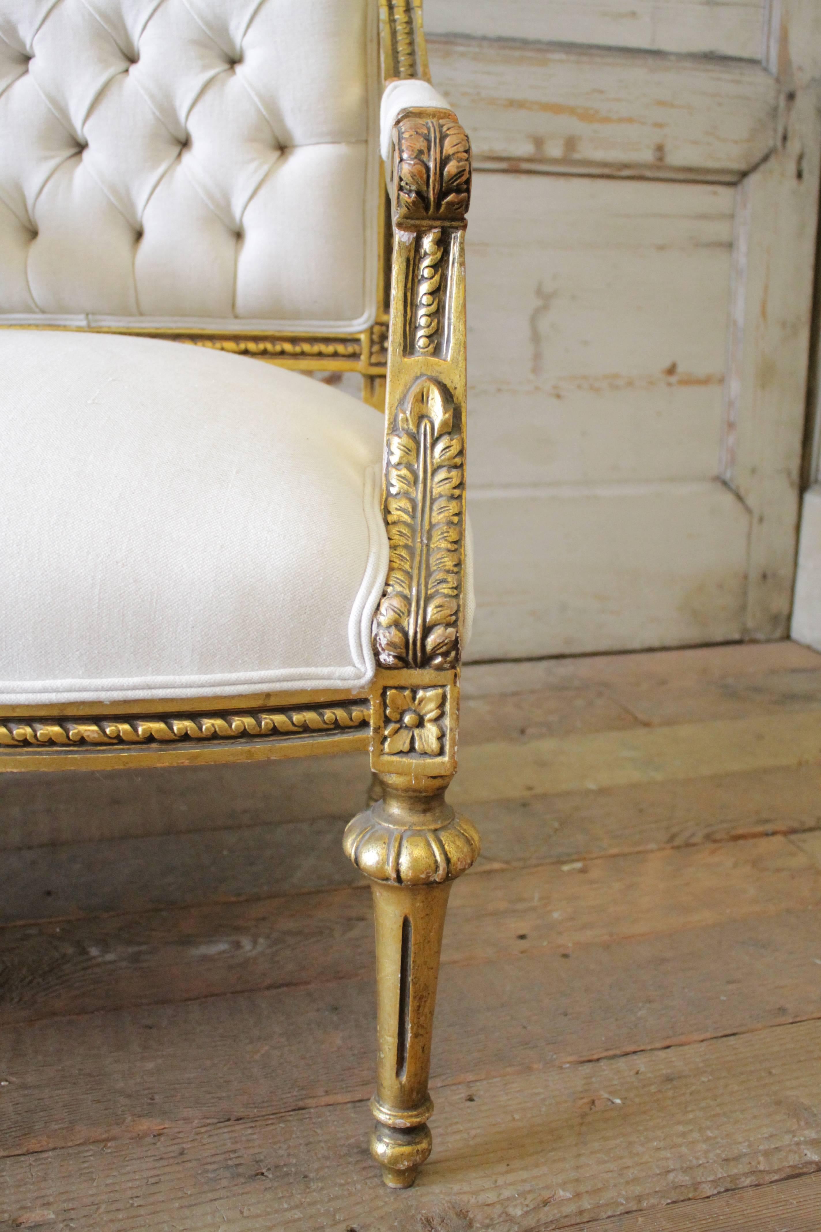 Pair of 19th Century Giltwood Linen Tufted Open Armchairs 3