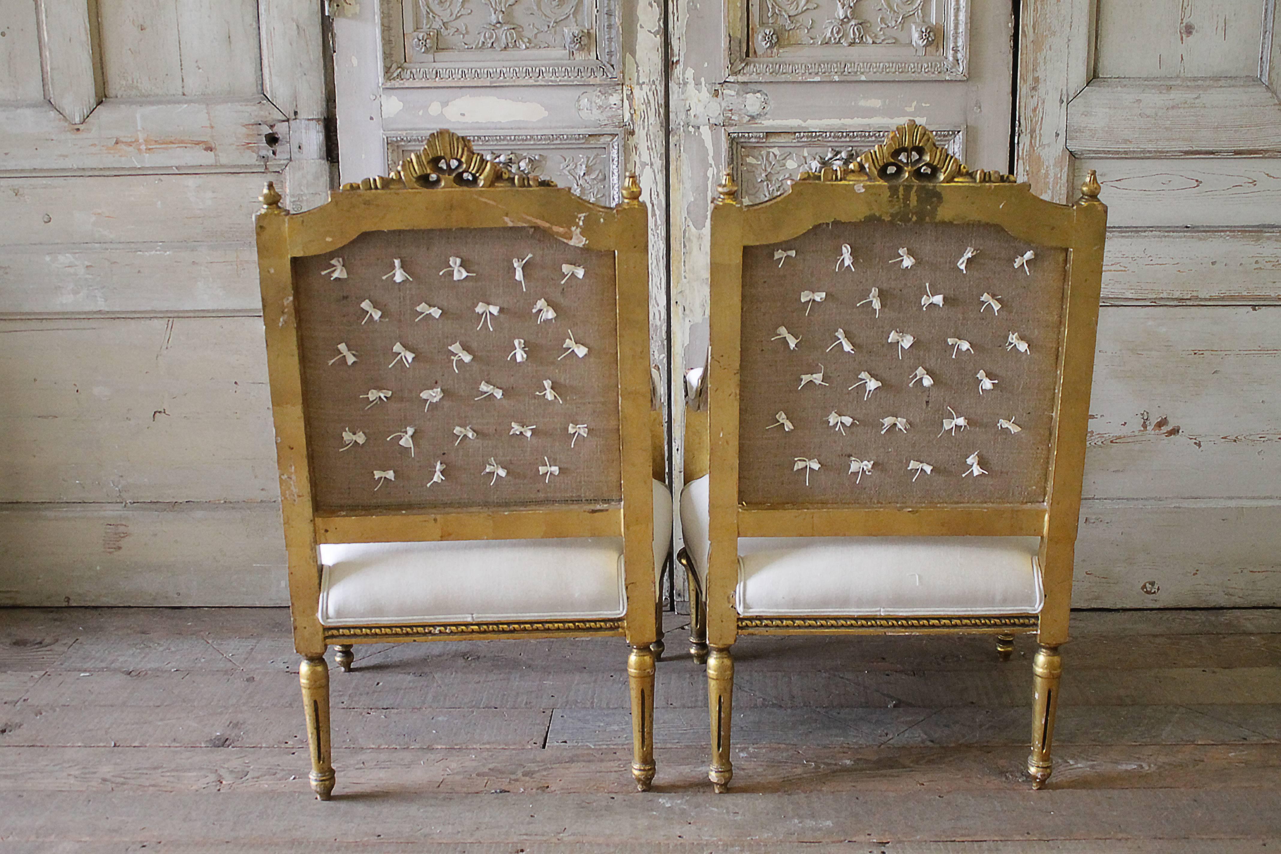 Pair of 19th Century Giltwood Linen Tufted Open Armchairs In Distressed Condition In Brea, CA