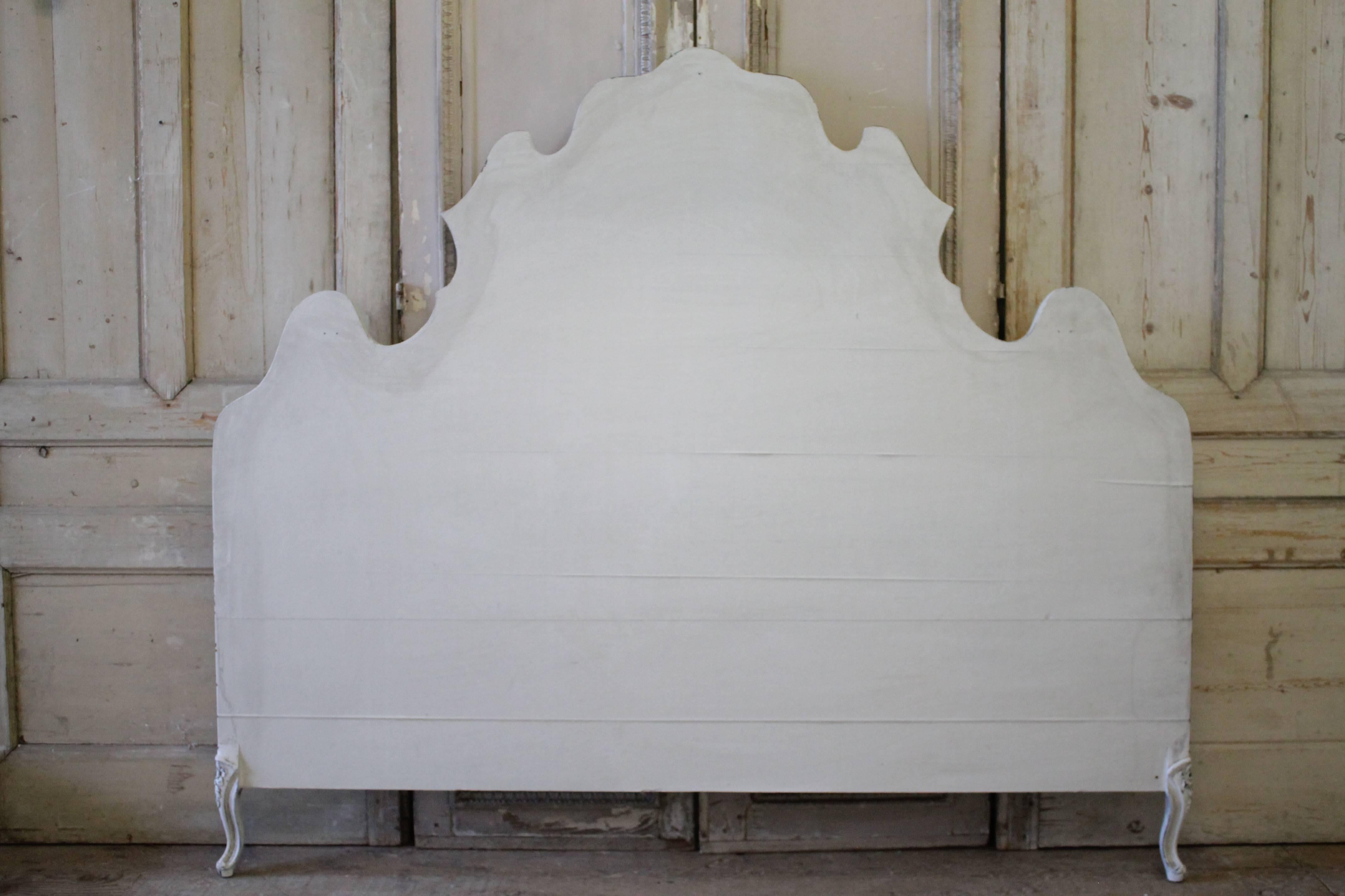 Linen Vintage King-Size Louis XV Style Painted and Upholstered Headboard